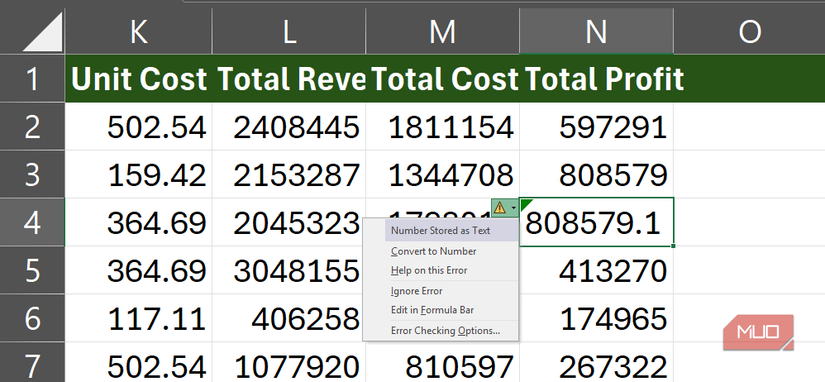 A cell in Excel displaying the Error message Number stored as Text.