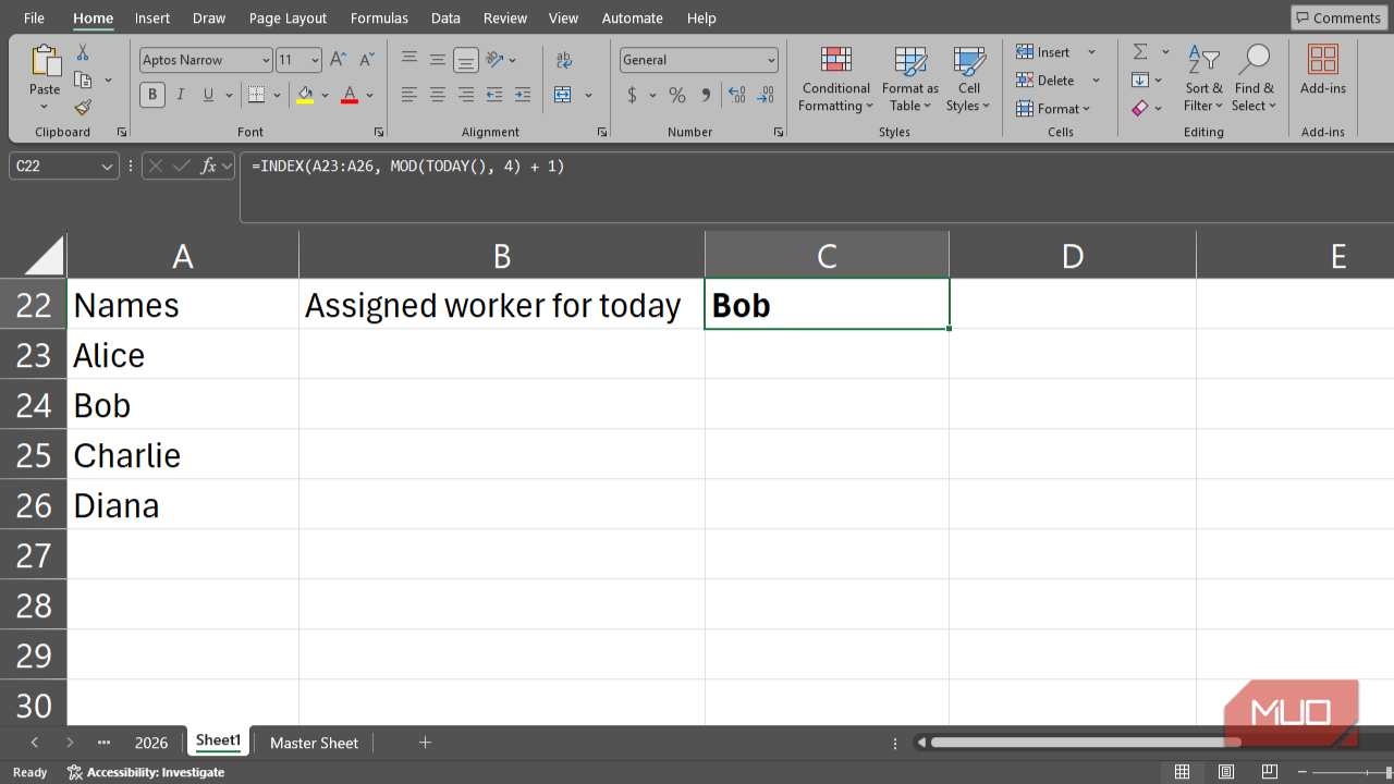 A formula using MOD and INDEX in Excel.