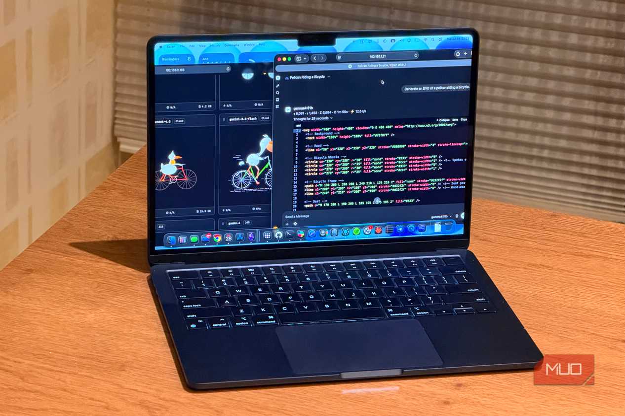 A laptop on a desk showing a local LLM running the pelican test