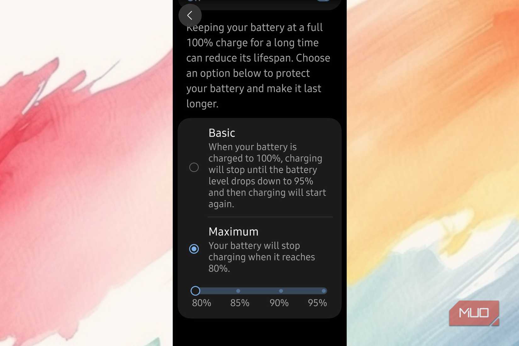 A phone set to an 80 percent cap on an Android