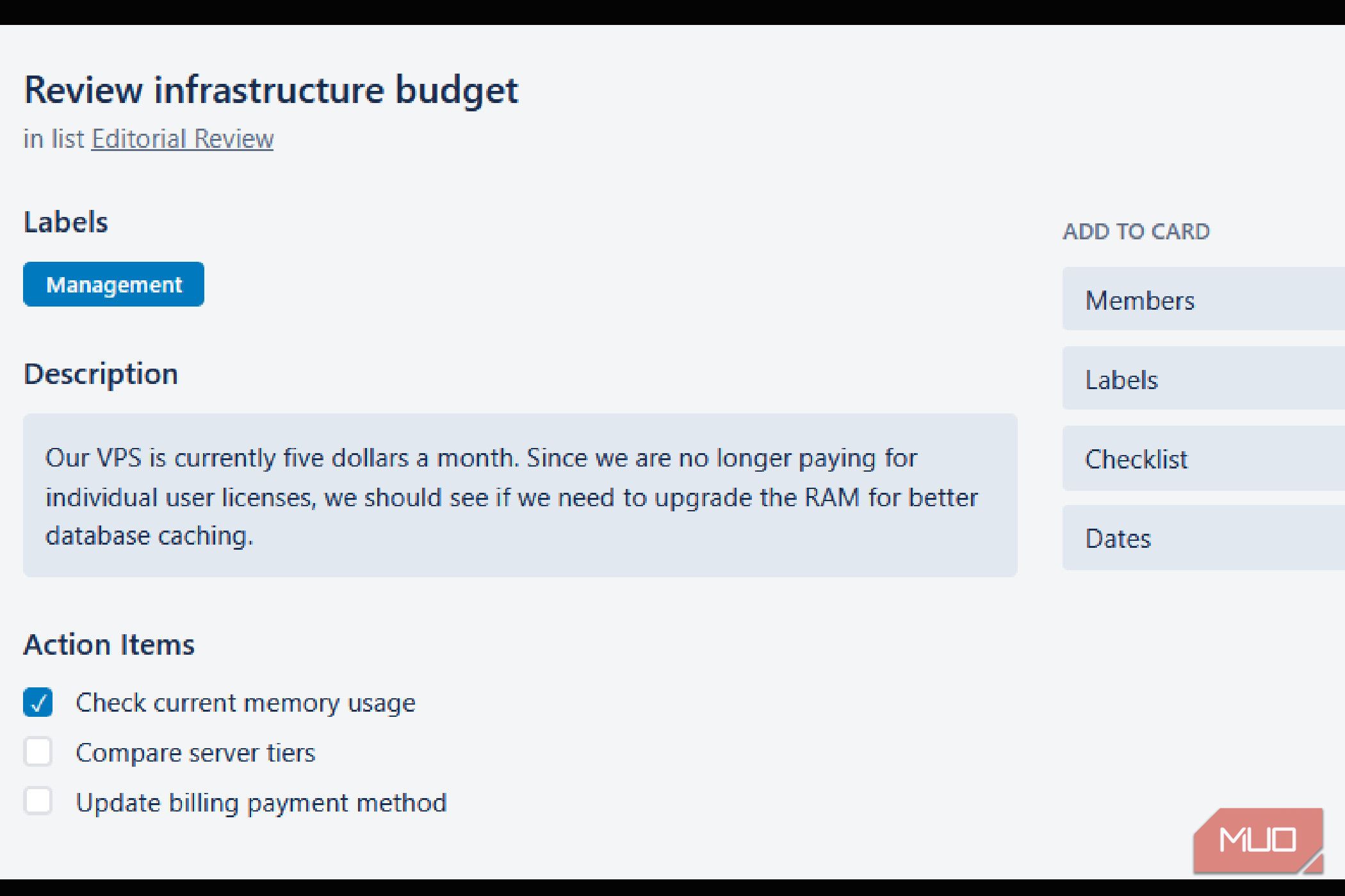 A planka card about reviewing a budget