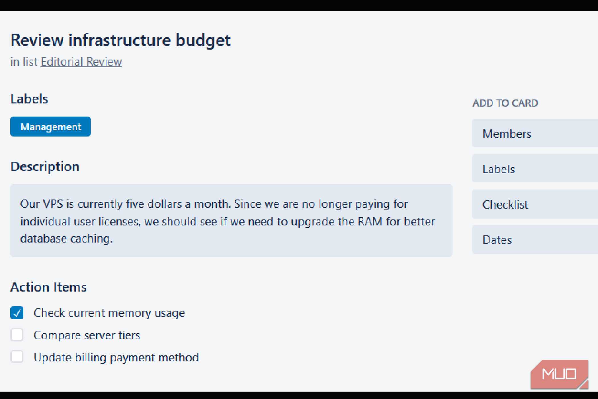 A planka card about reviewing a budget