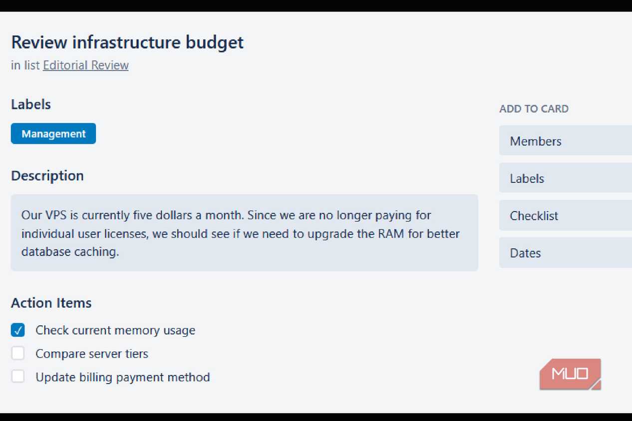 A planka card about reviewing a budget