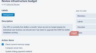 A planka card about reviewing a budget
