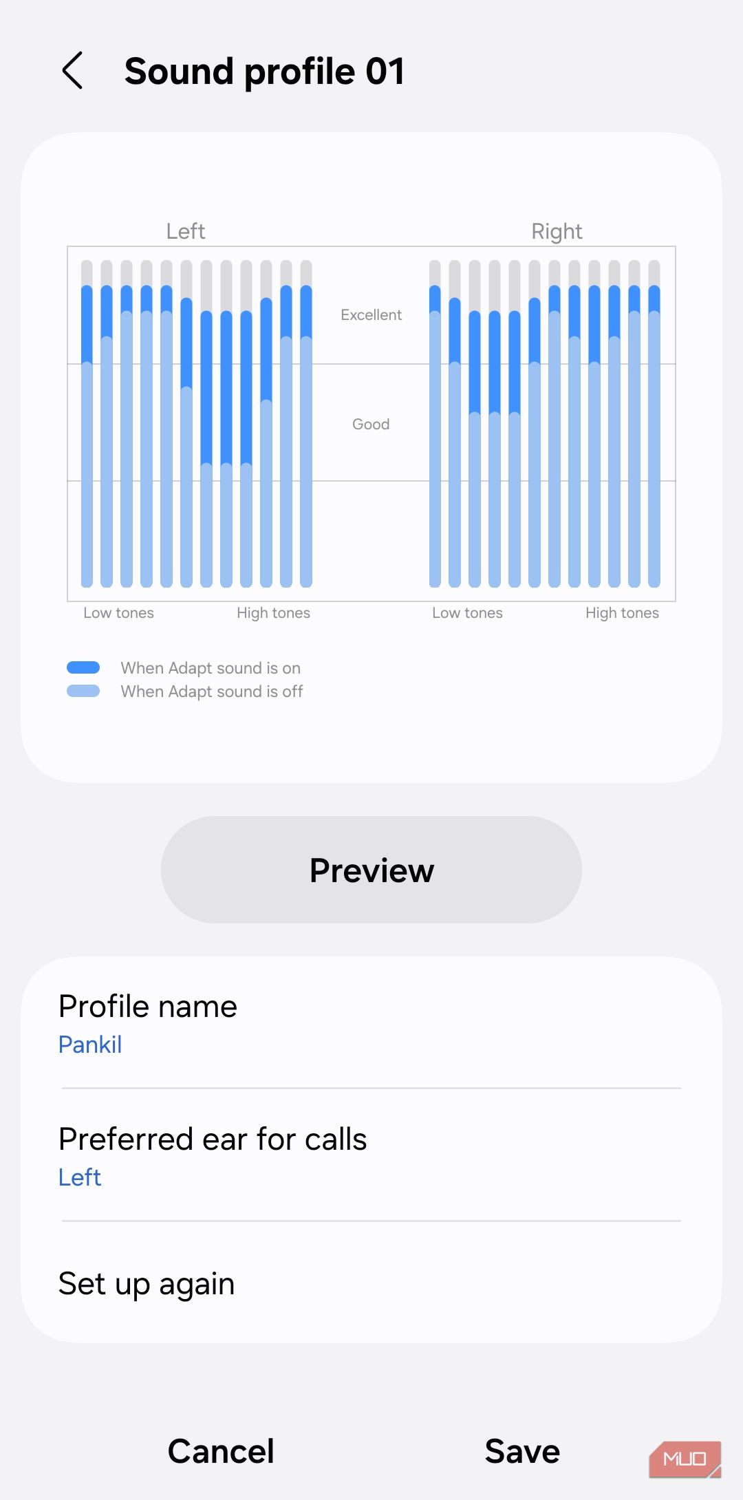 Adapt Sound sound profile preview on Samsung phone
