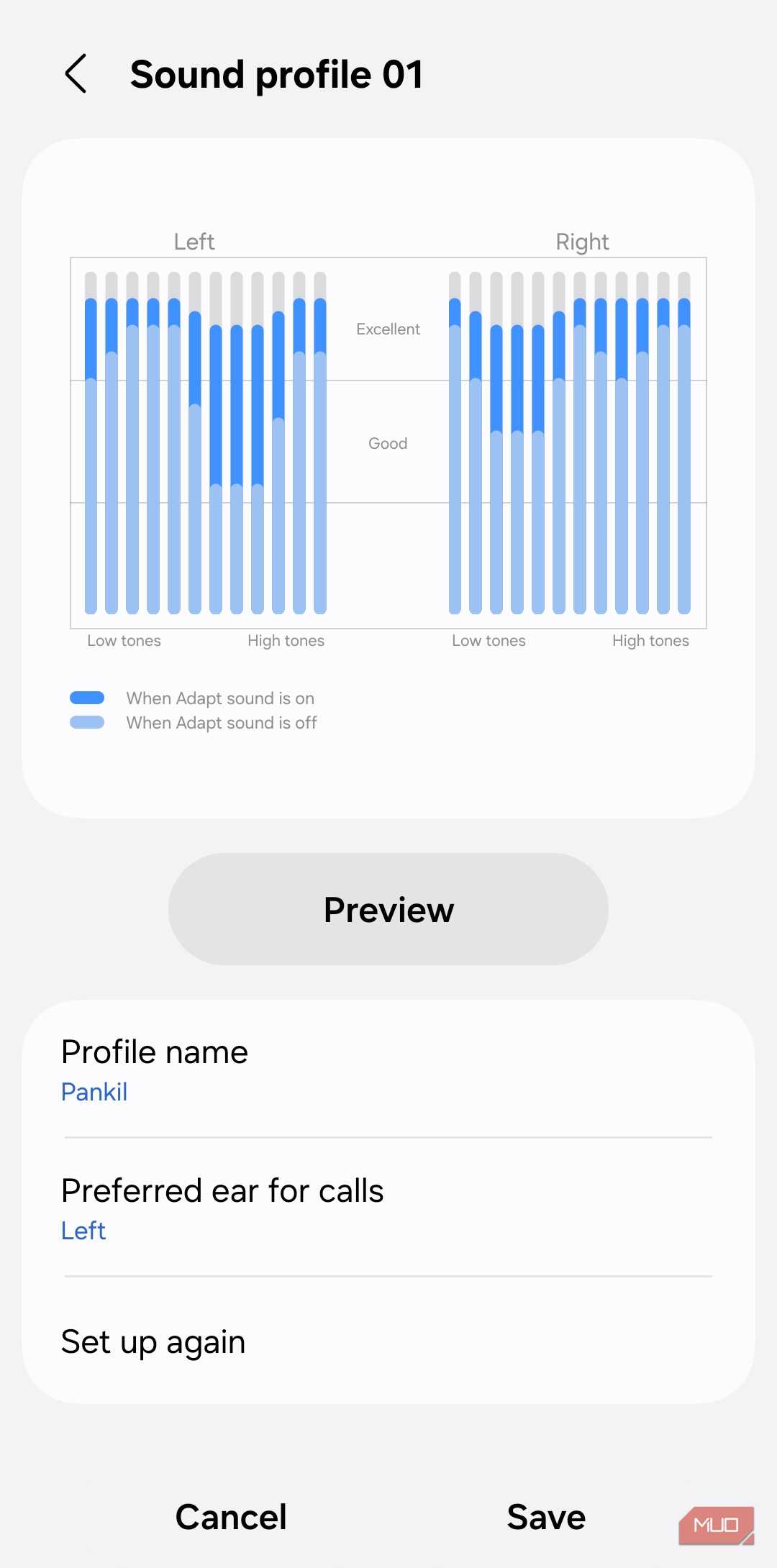 Adapt Sound sound profile preview on Samsung phone