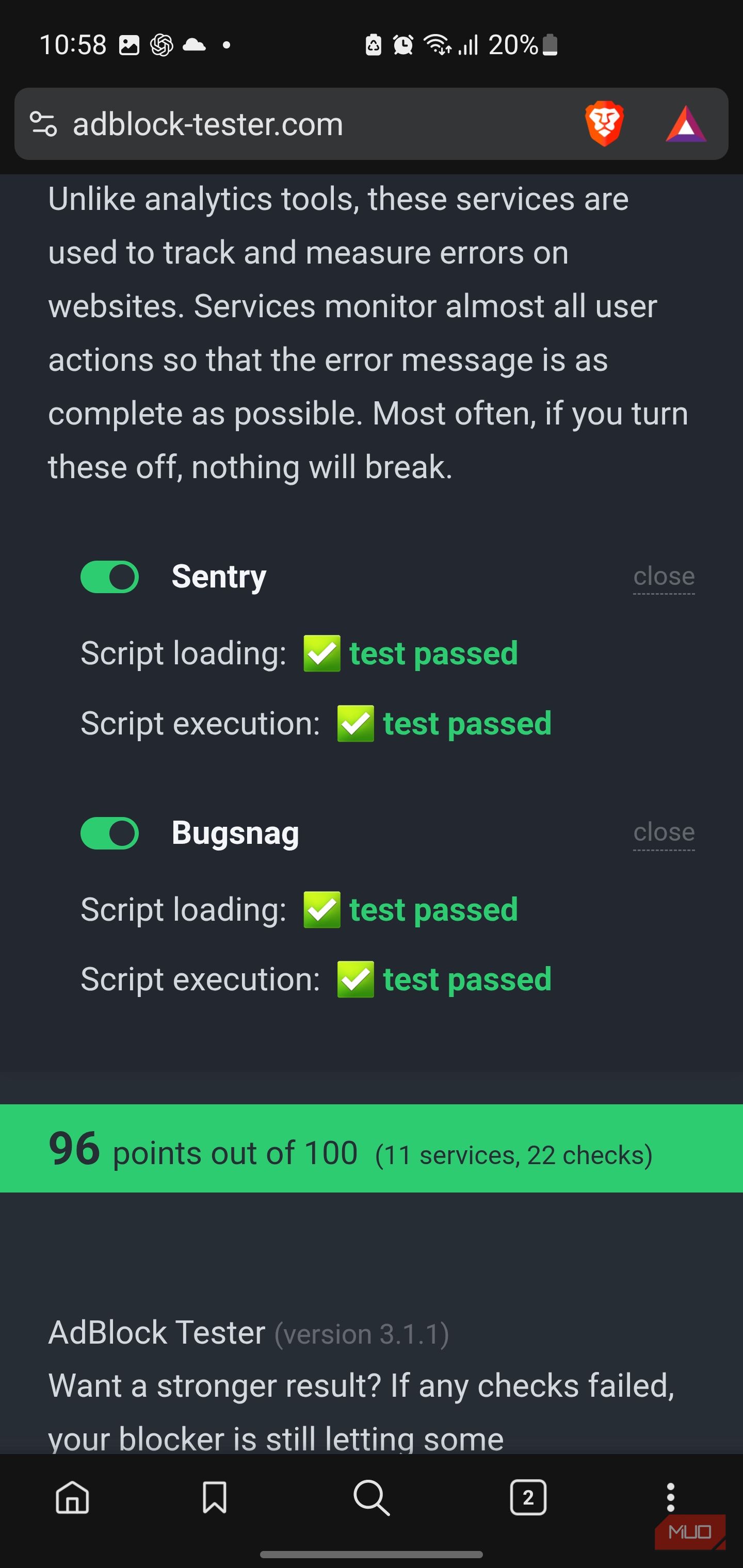 Adblock tester website results on Brave browser.