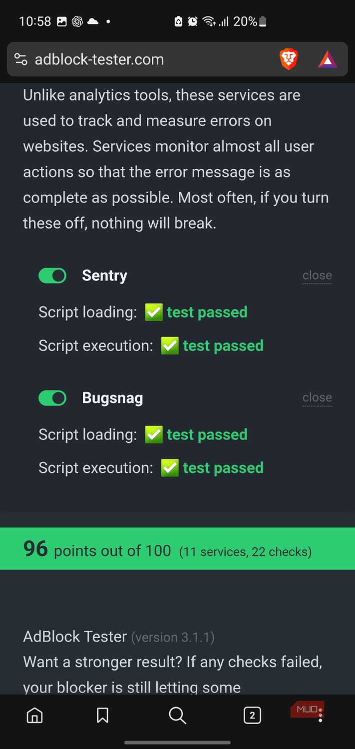 Adblock tester website results on Brave browser.