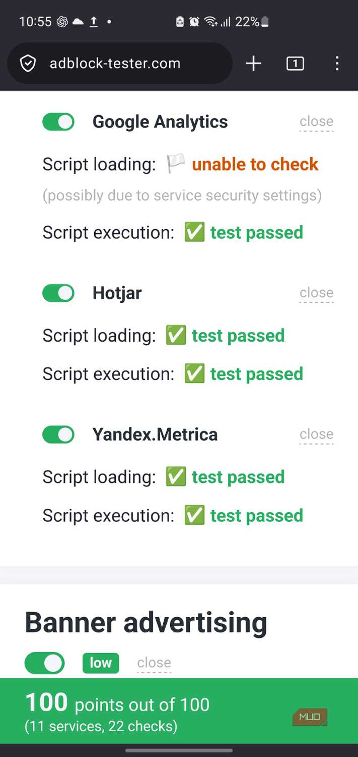 Adblock tester website results on IronFox.