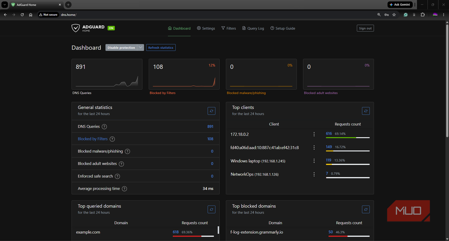 AdGuard Home dashboard and statistics