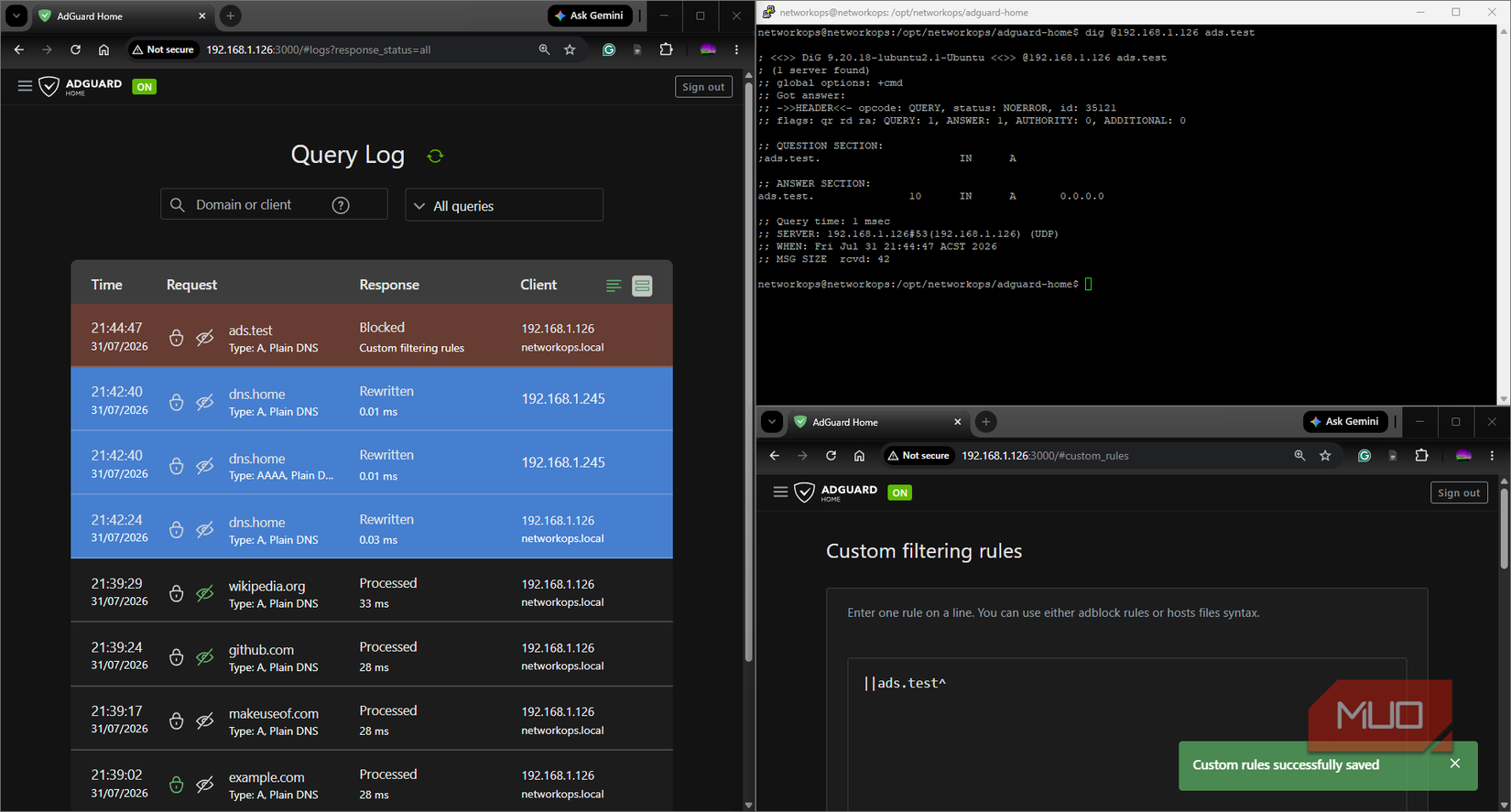 AdGuard Home testing custom filtering rules and DNS re-writes