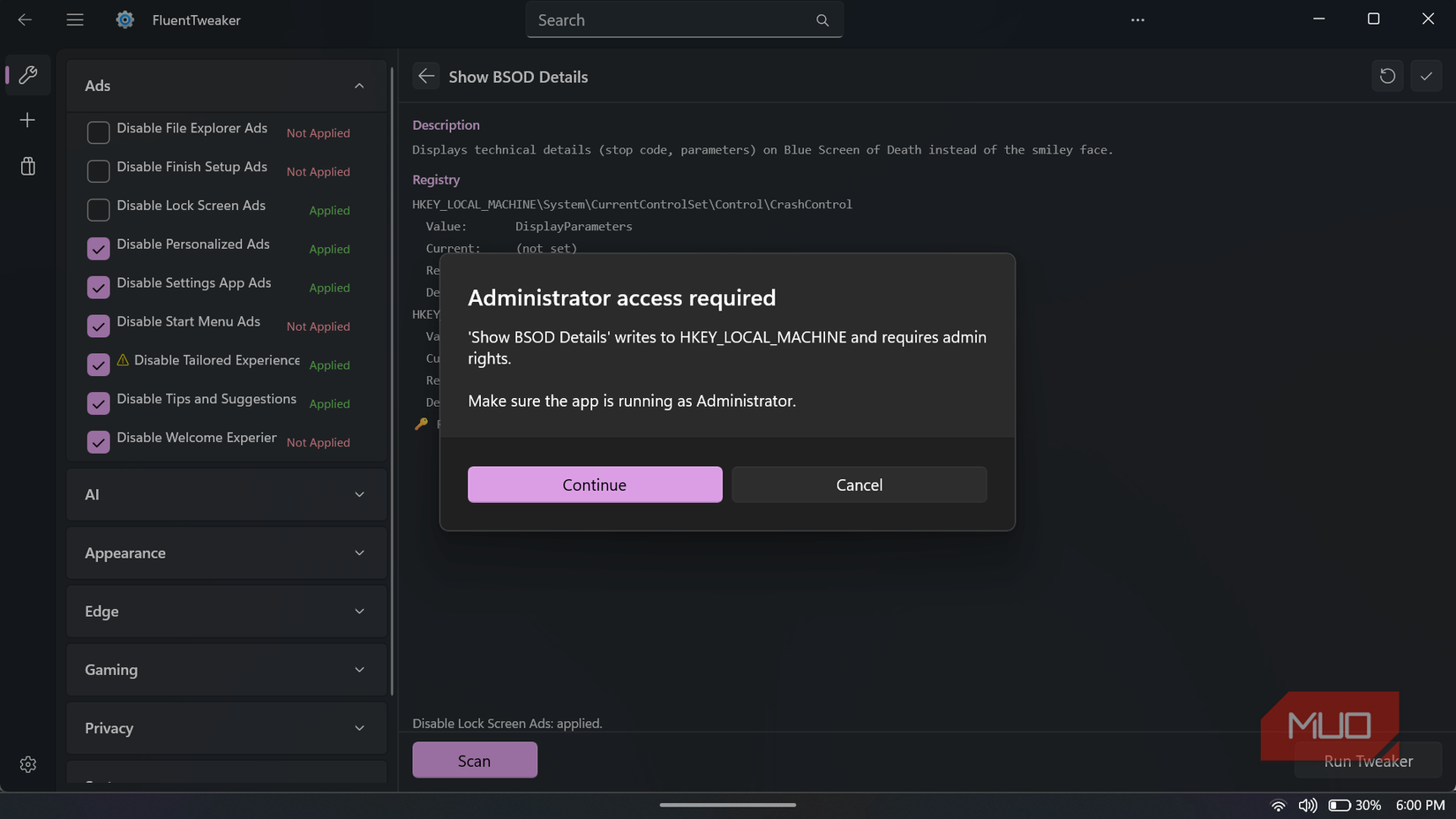 Administrator access required prompt in FluentTweaker app