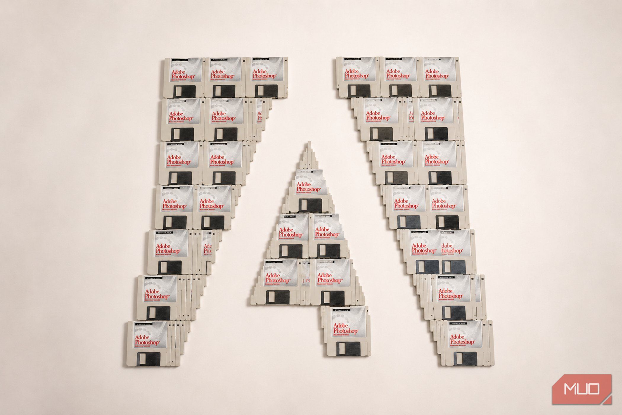 Adobe logo made from vintage Photoshop floppy disks