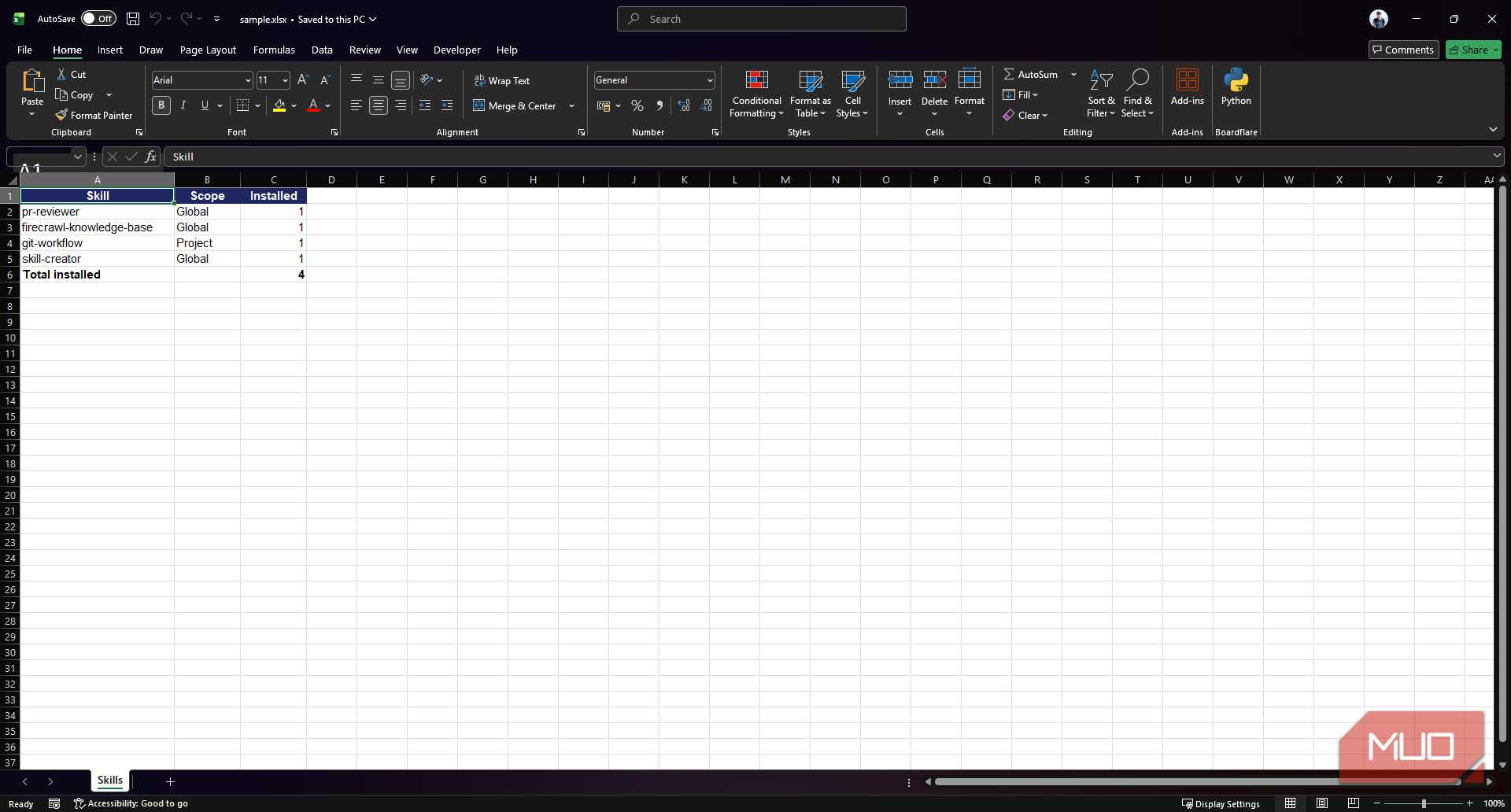 AI generated spreadsheet by claude skill.