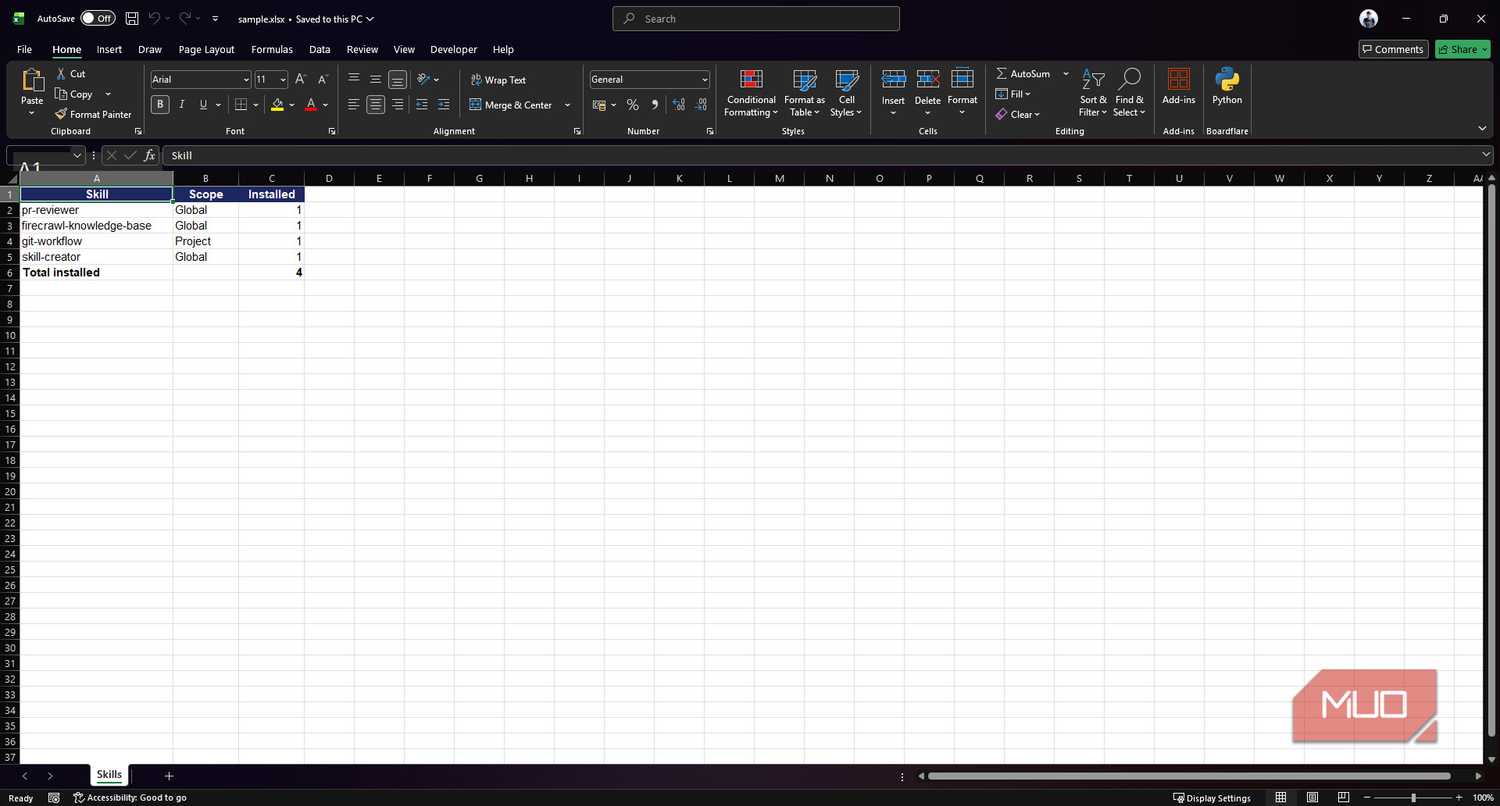 AI generated spreadsheet by claude skill.