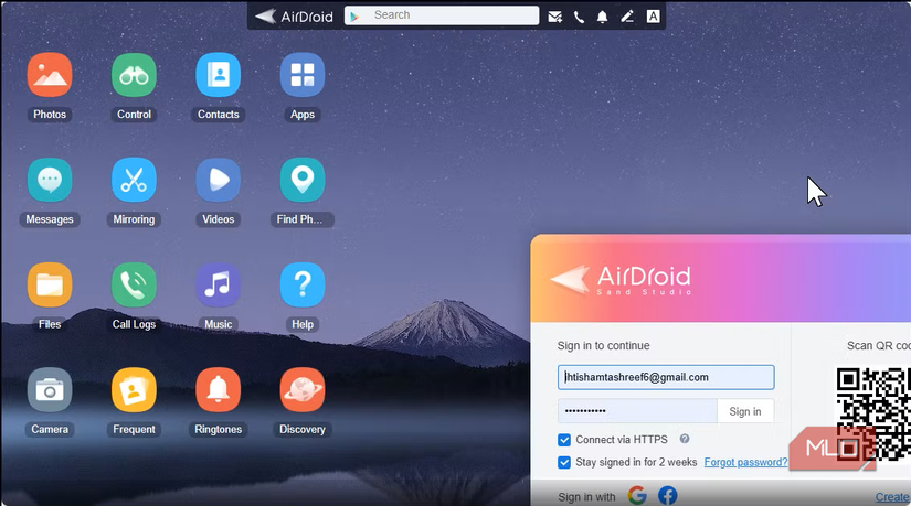 AirDroid web interface in browser