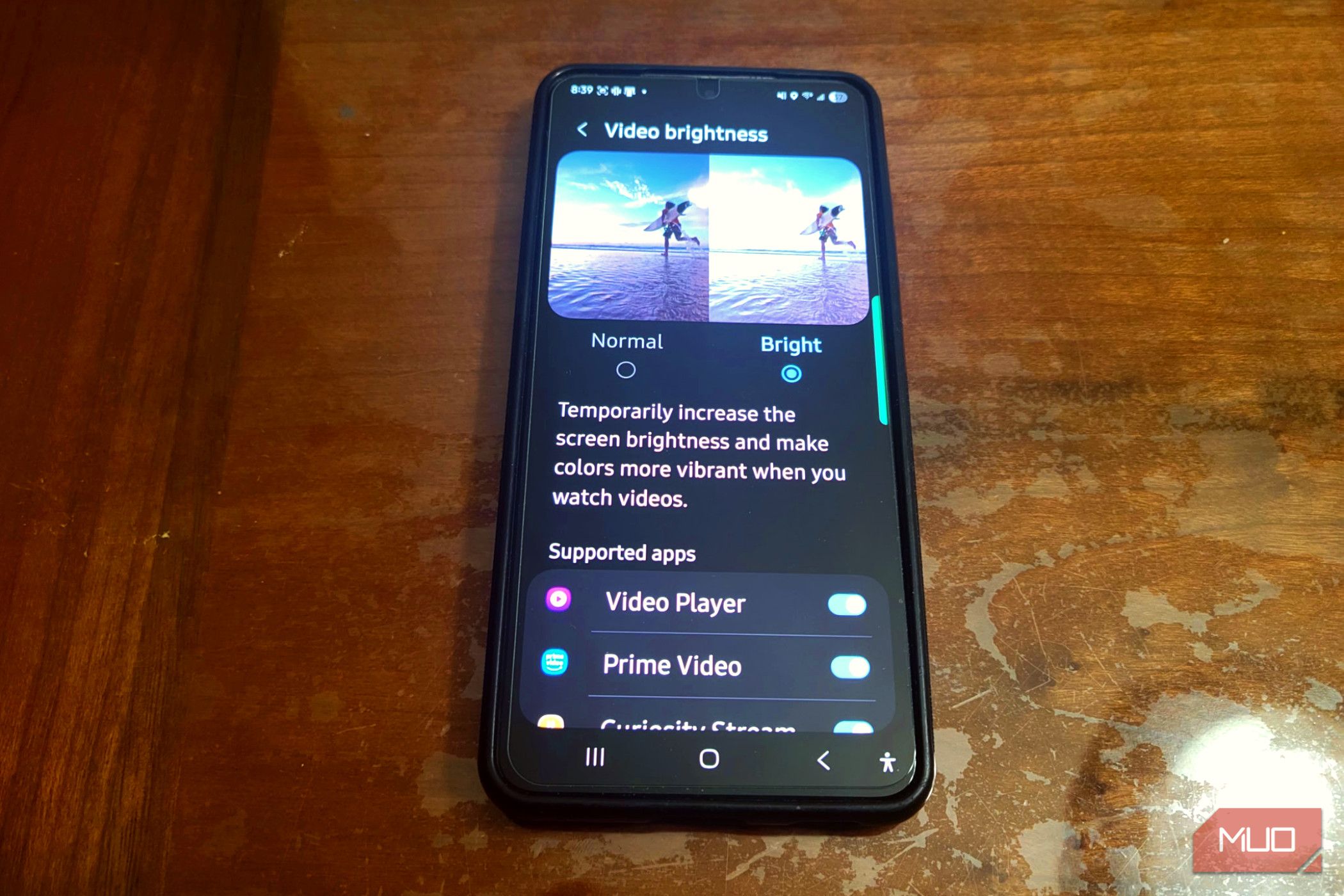 Android Phone showing brightness as high