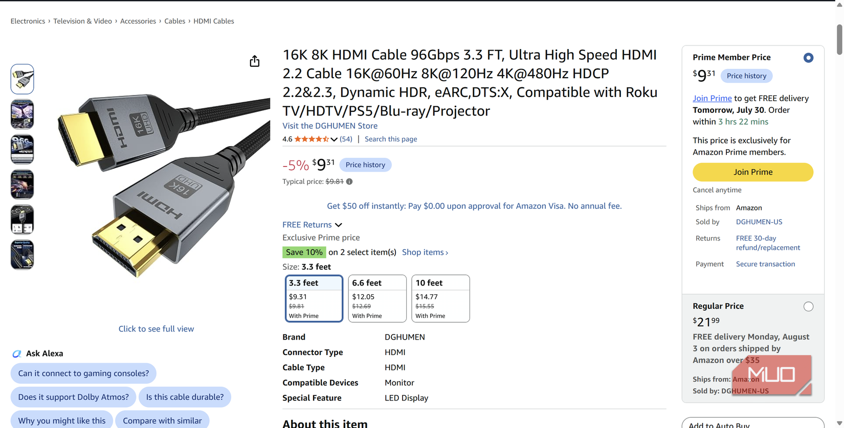 amazon page showing hdmi 2.2 cable ultra96 hdmi.