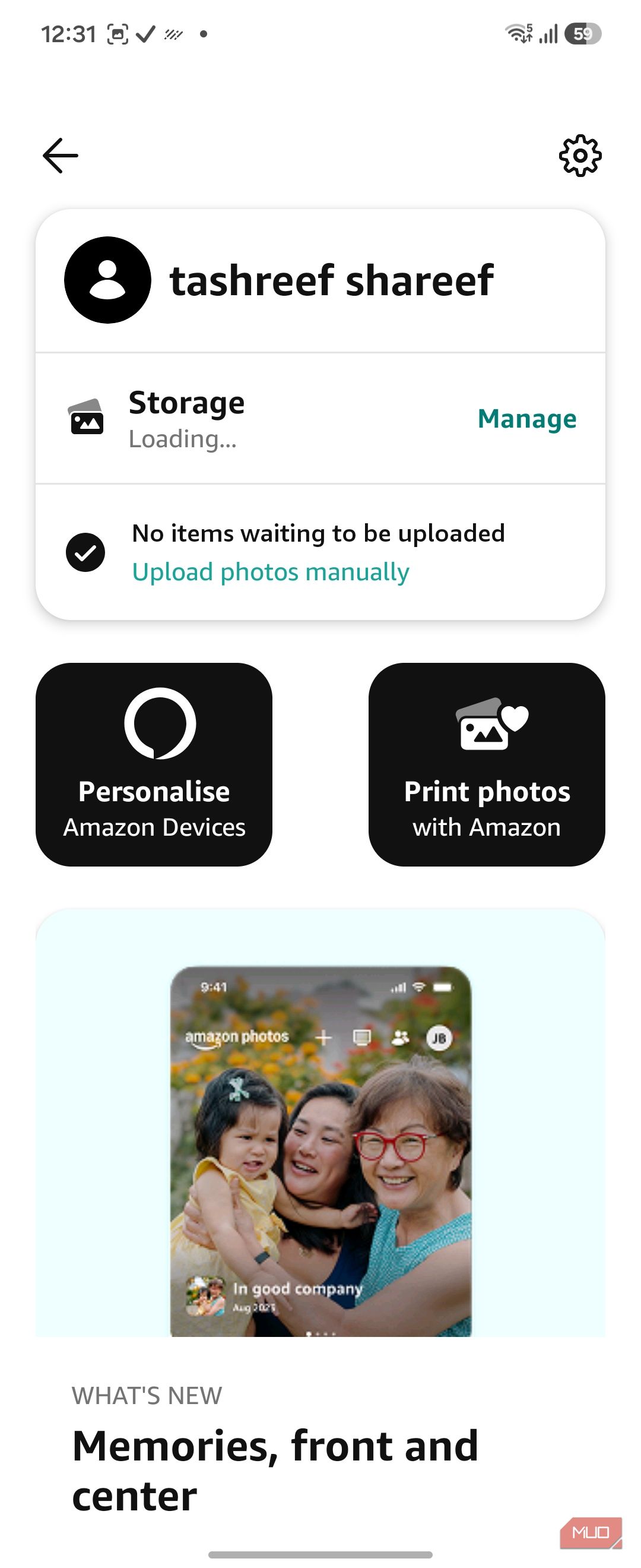 Amazon Photos account profile storage screen