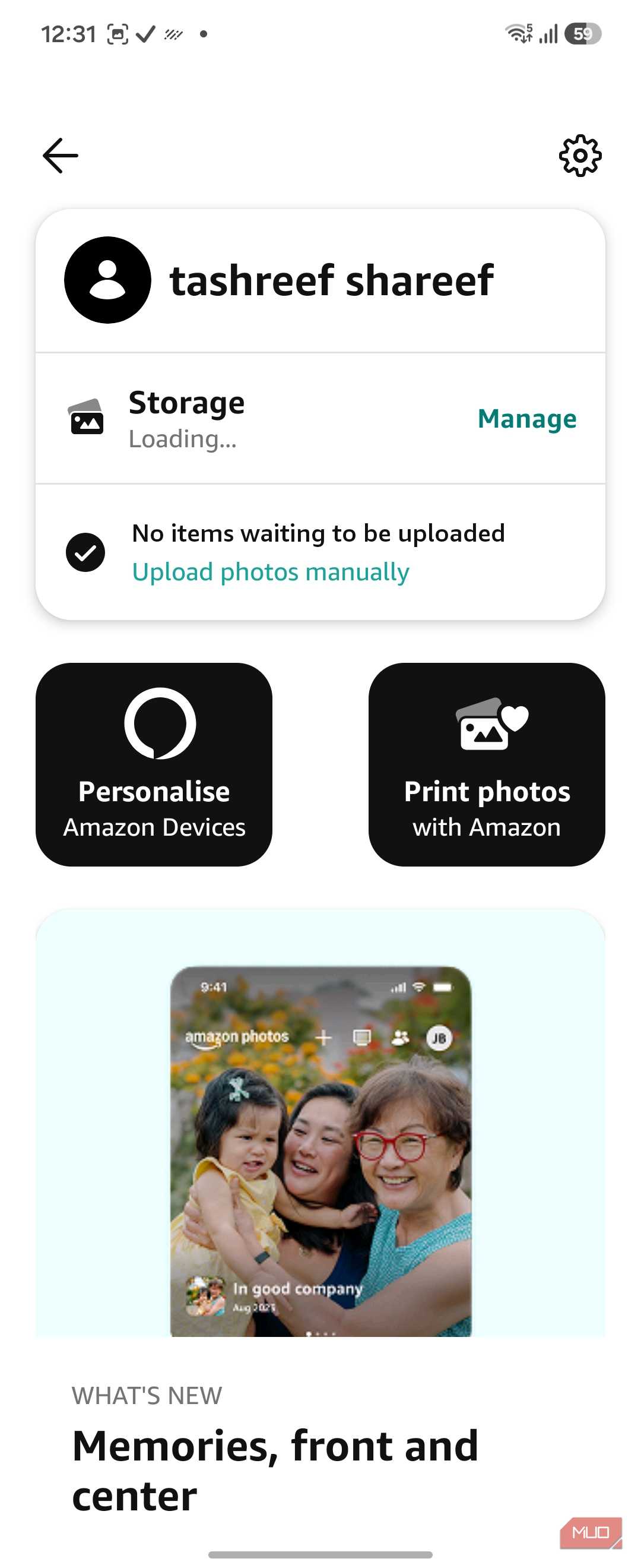 Amazon Photos account profile storage screen