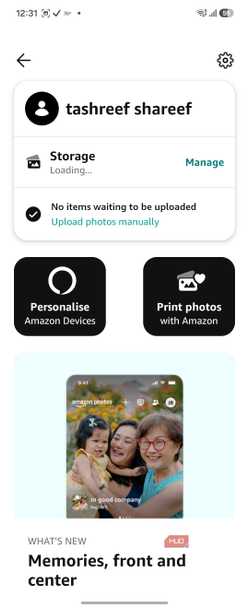 Amazon Photos account profile storage screen