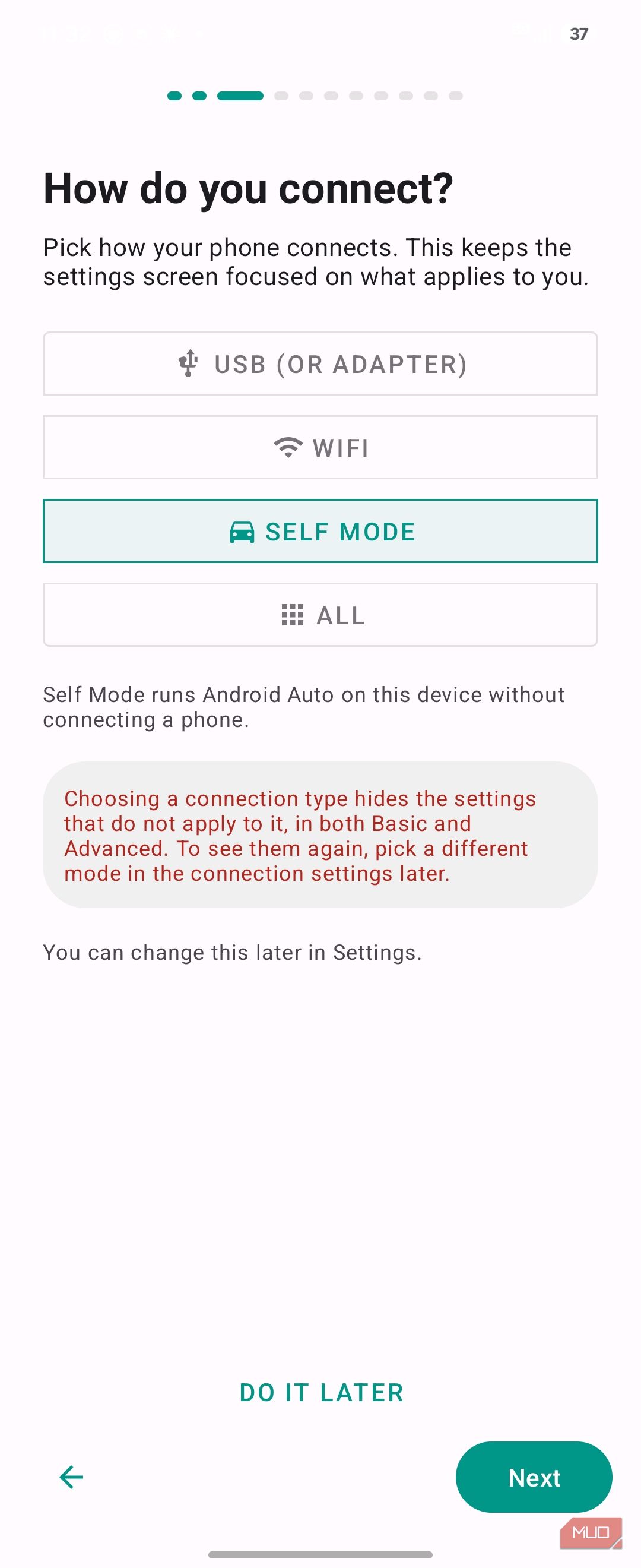 Android Auto Connection Type Selection Screen With Self Mode Highlighted