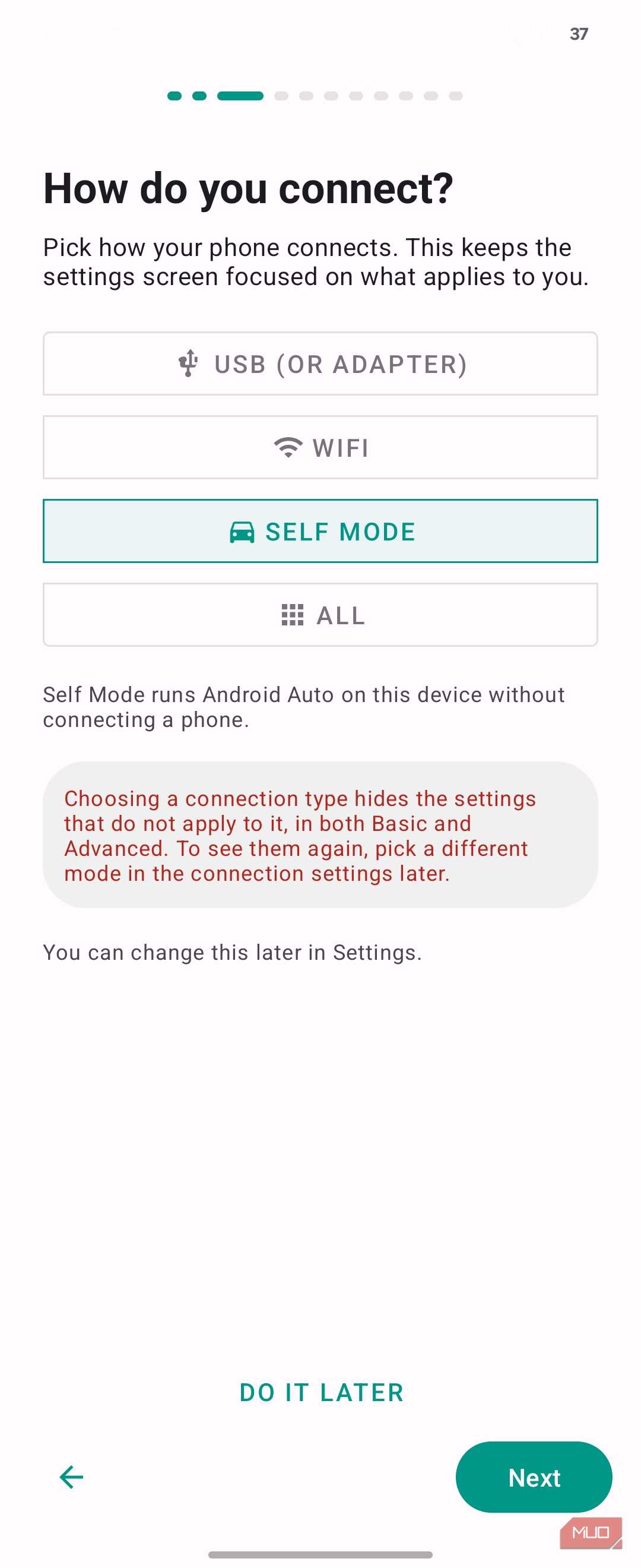 Android Auto Connection Type Selection Screen With Self Mode Highlighted