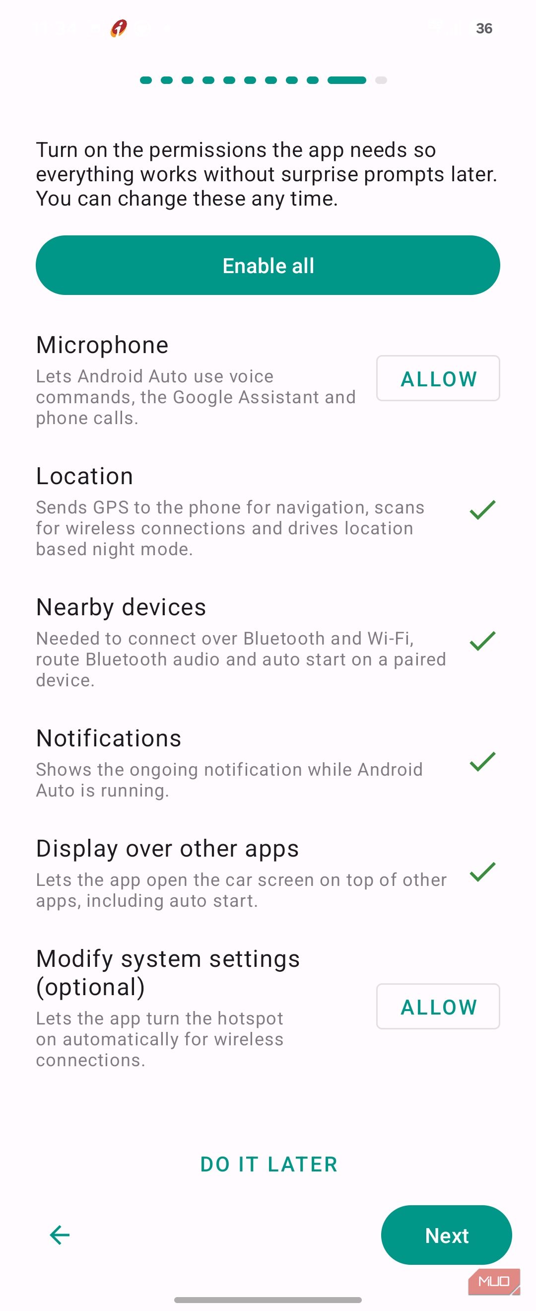 Android Auto Headunit Revived App Permissions Setup Screen