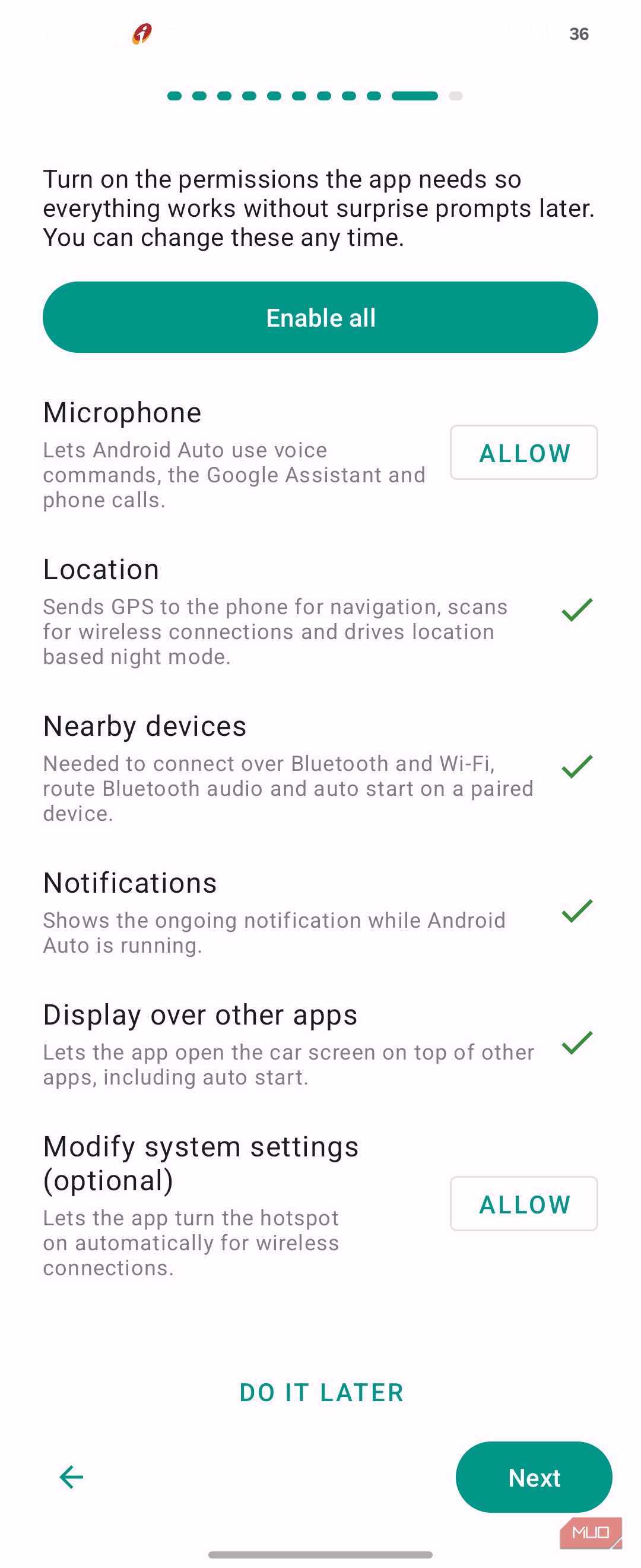 Android Auto Headunit Revived App Permissions Setup Screen