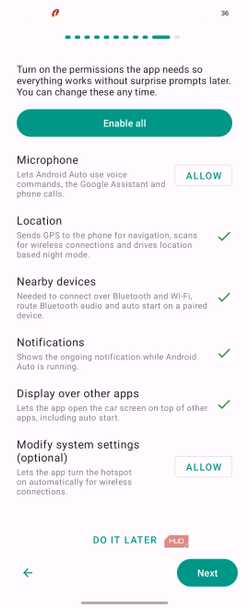 Android Auto Headunit Revived App Permissions Setup Screen