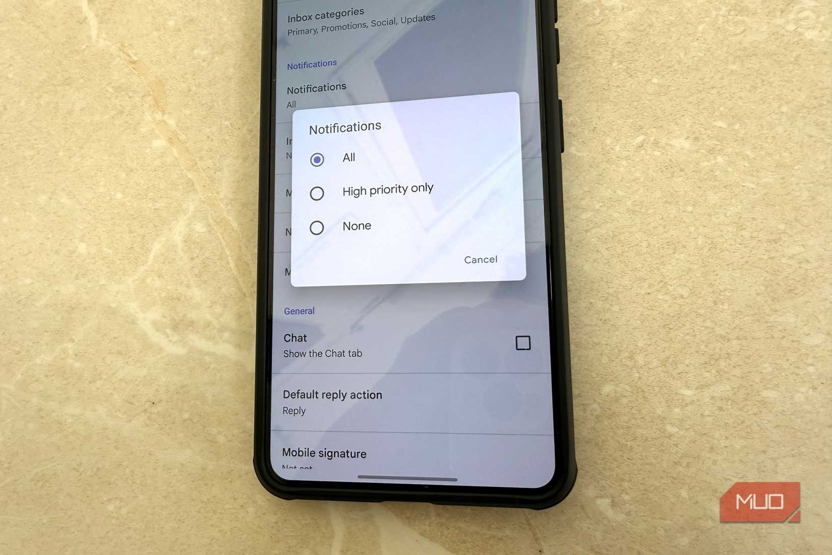Android phone showing Gmail app notification settings