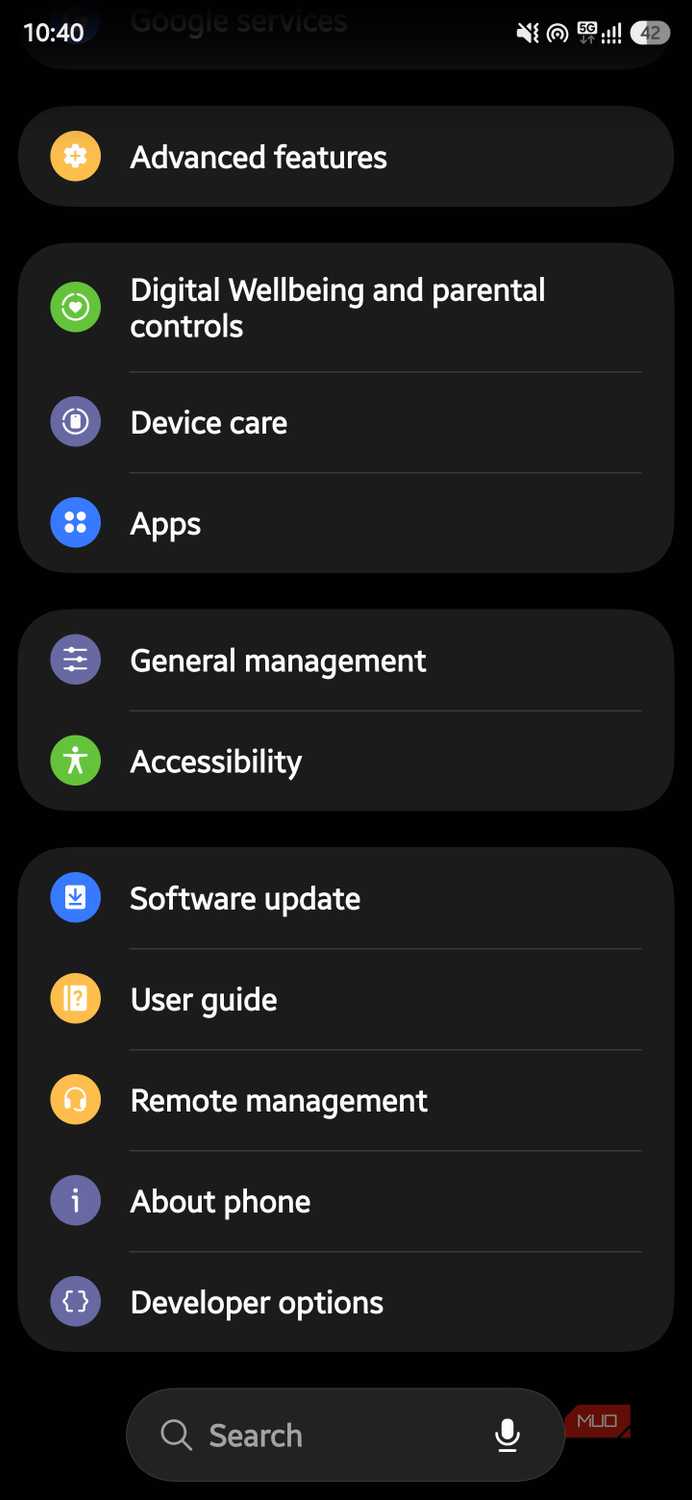 Android phone's settings menu