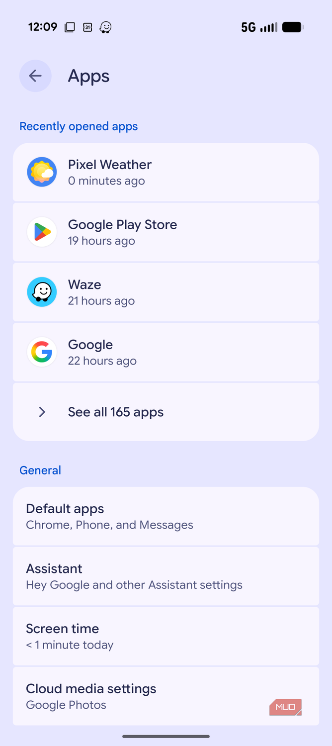 Android smartphone settings apps list menu