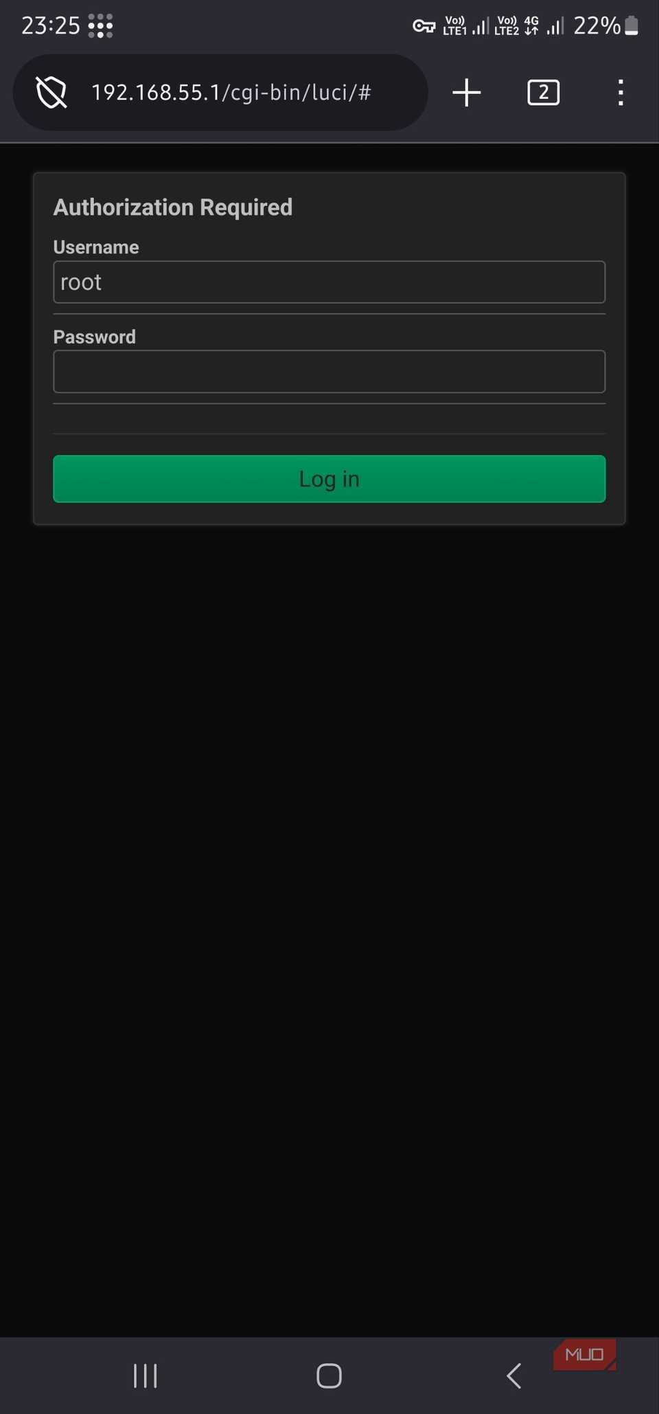 Mobile browser connected to Tailscale showing LuCI login page