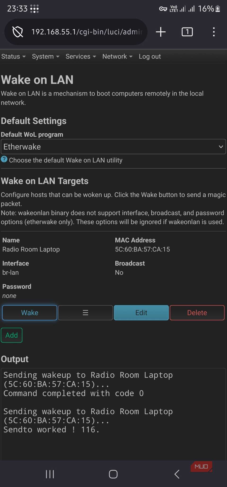 Mobile browser connected to Tailscale showing packet output codes