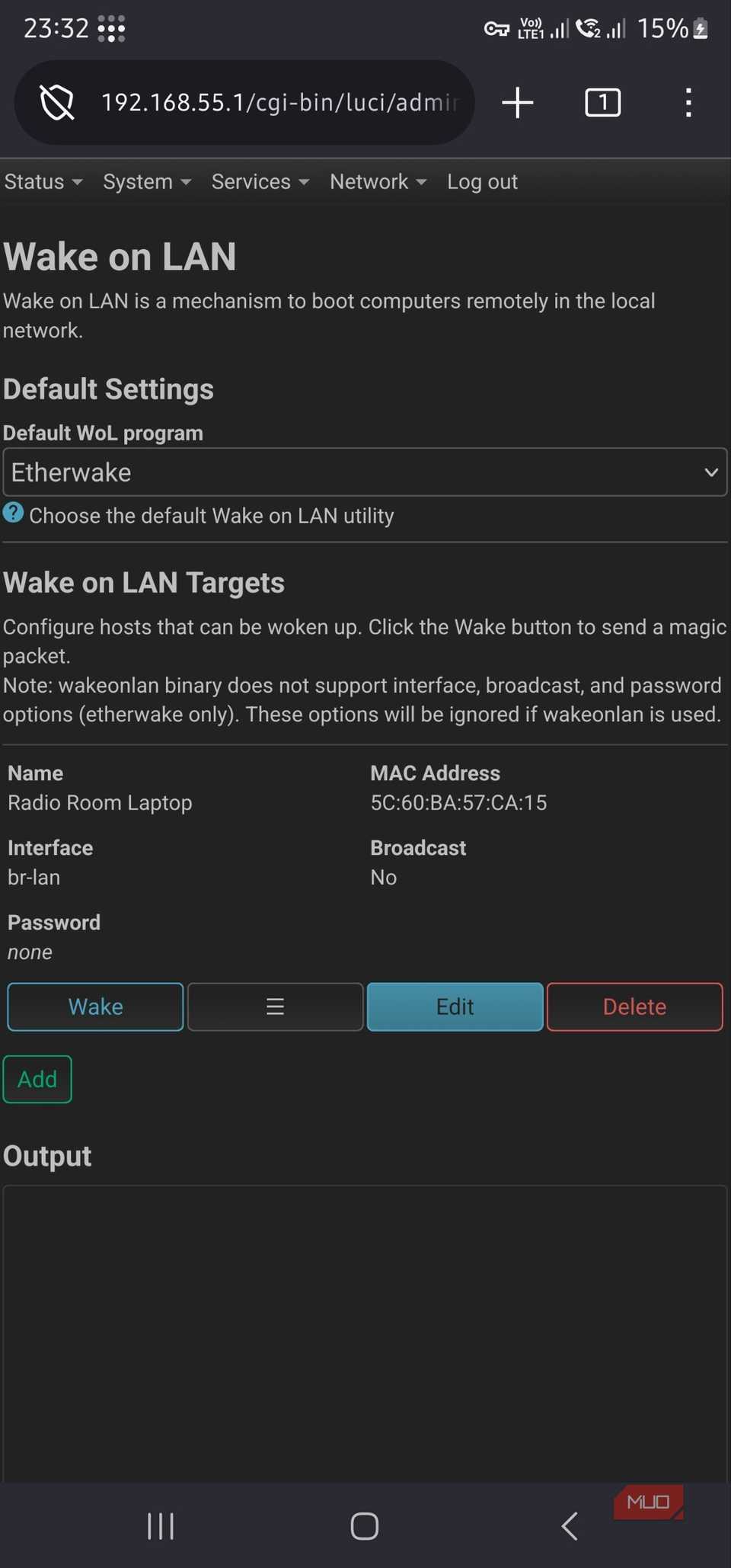 LuCI wake on LAN wake button page