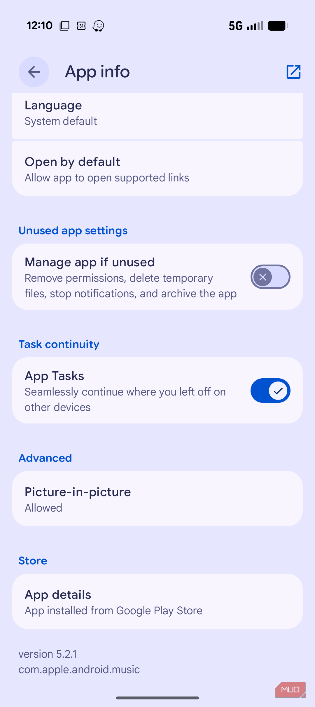 App info settings menu