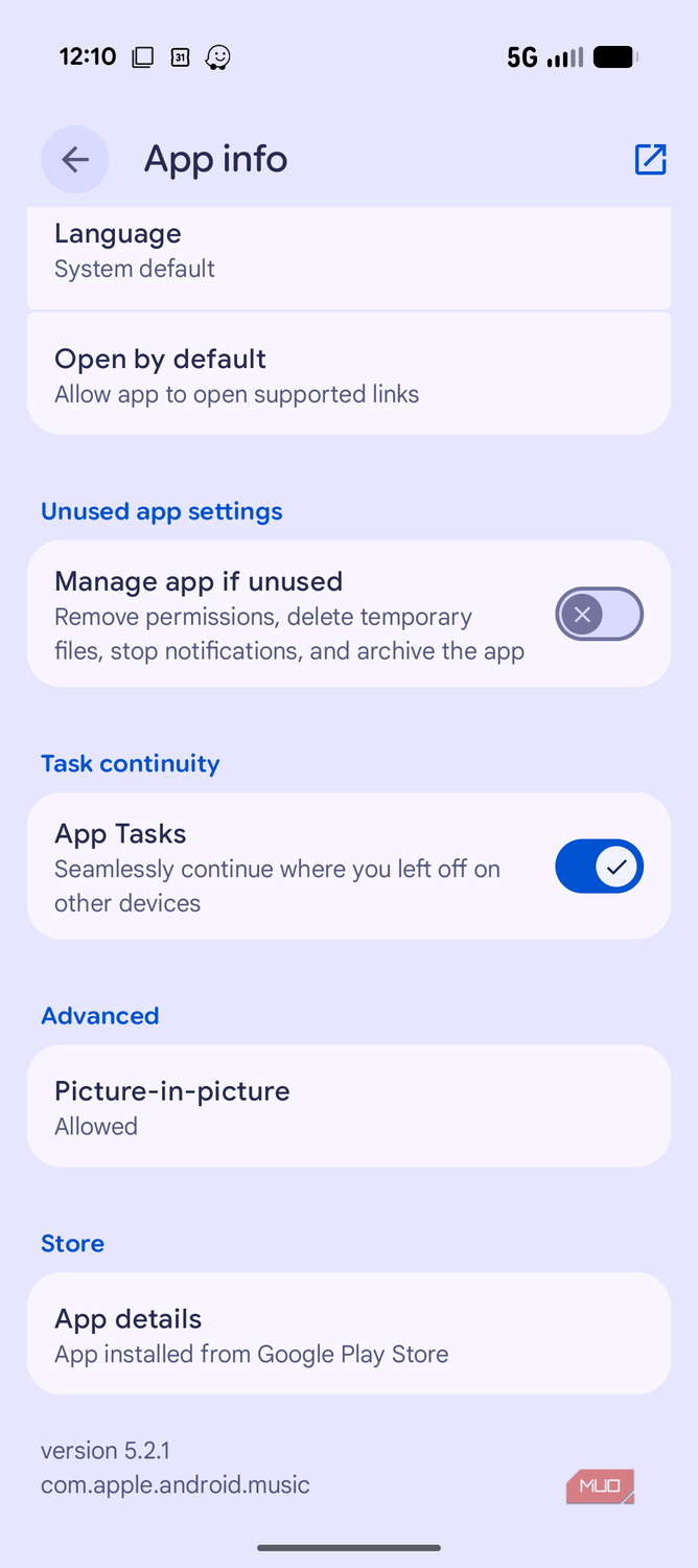 App info settings menu