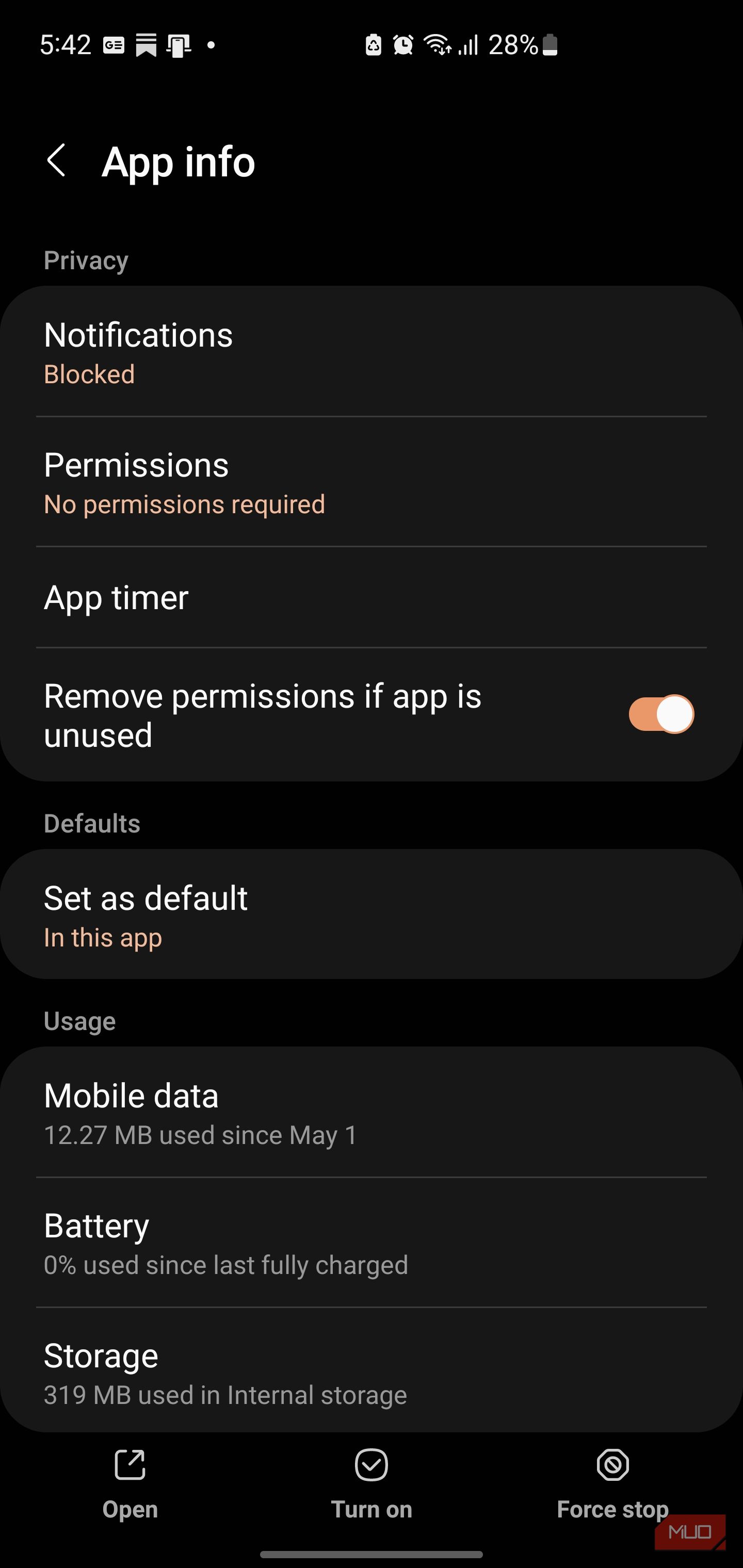 App info settings screen on Samsung