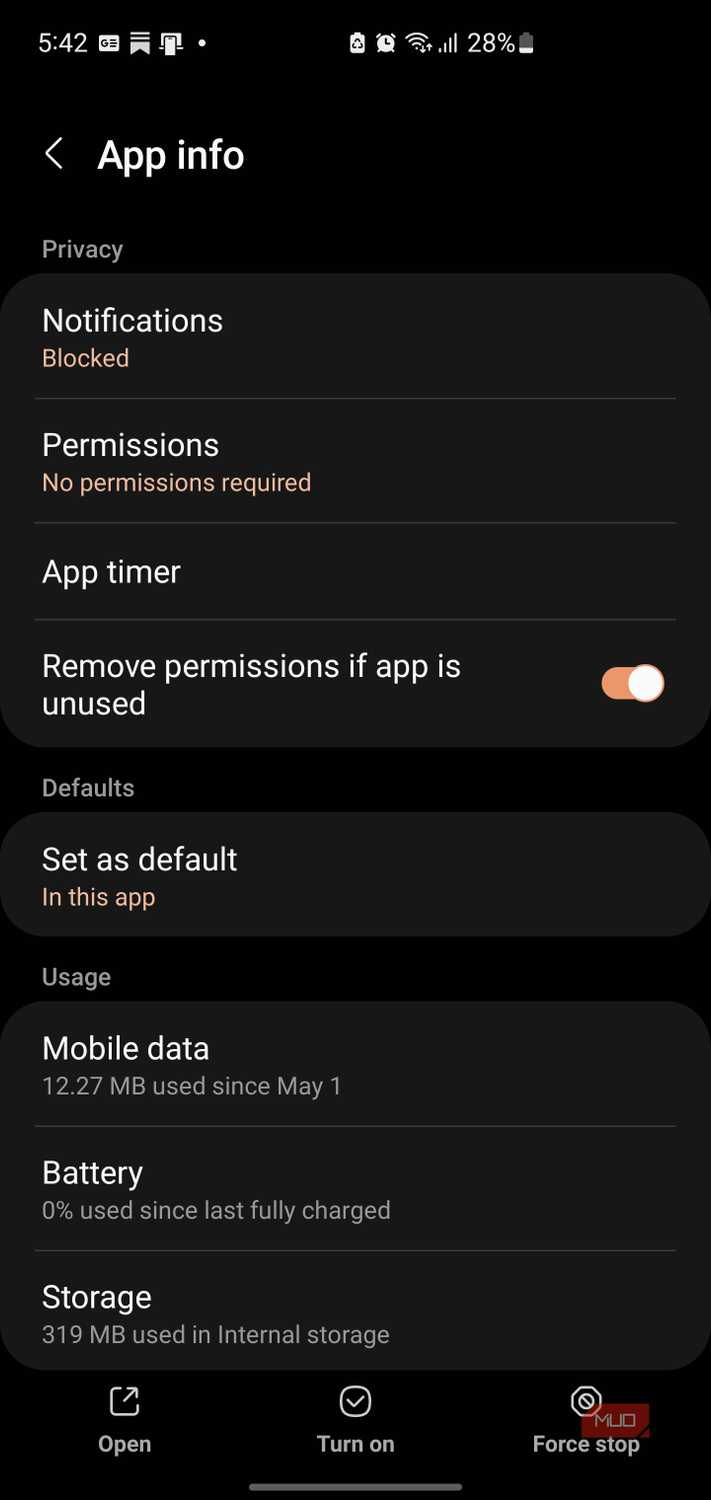 App info settings screen on Samsung