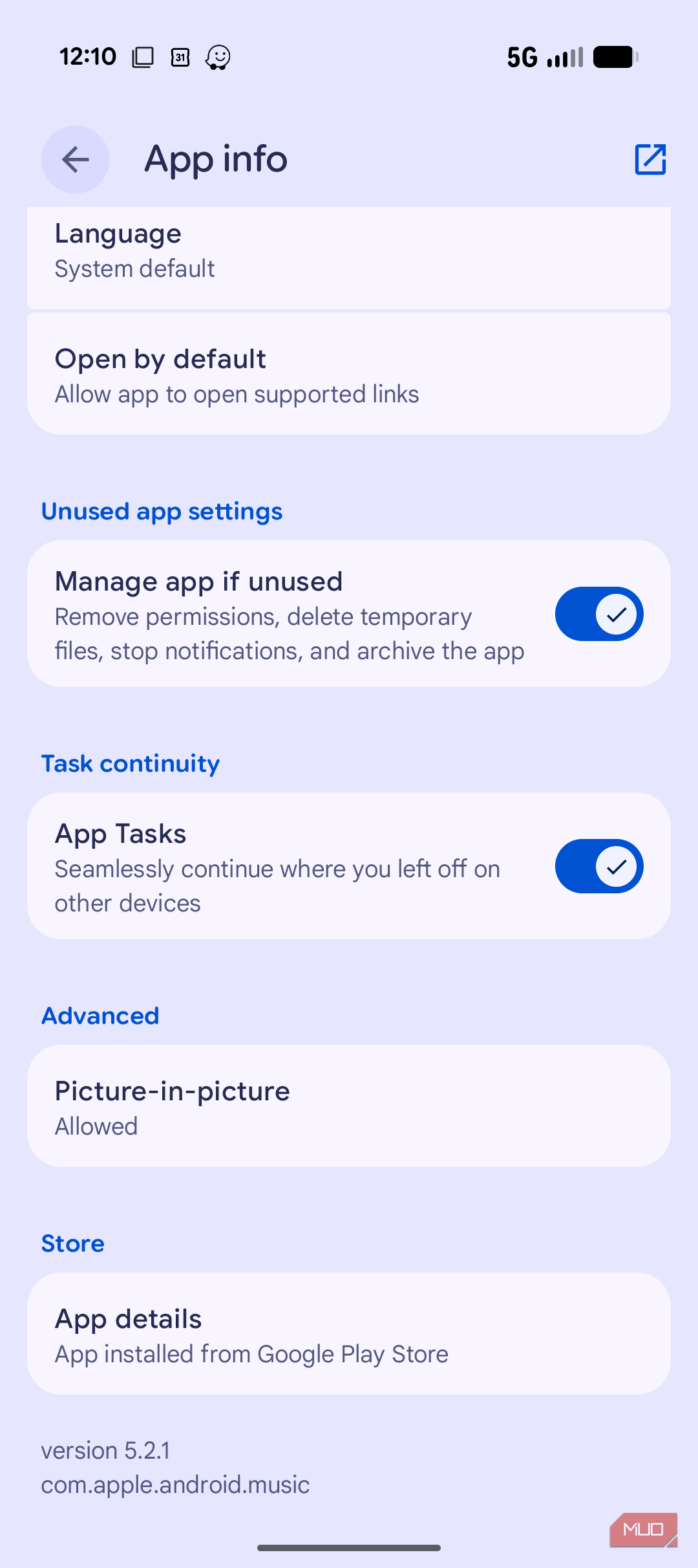 App info settings screen