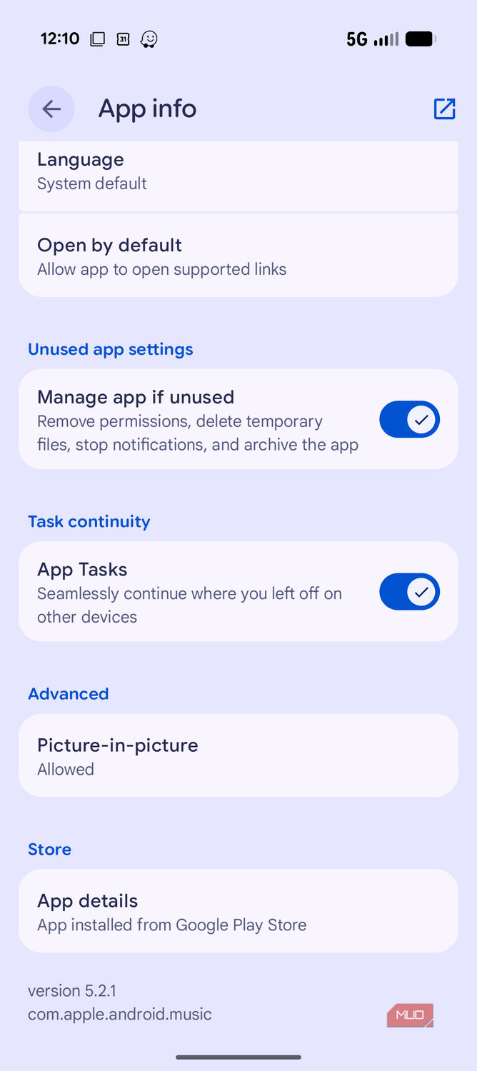 App info settings screen