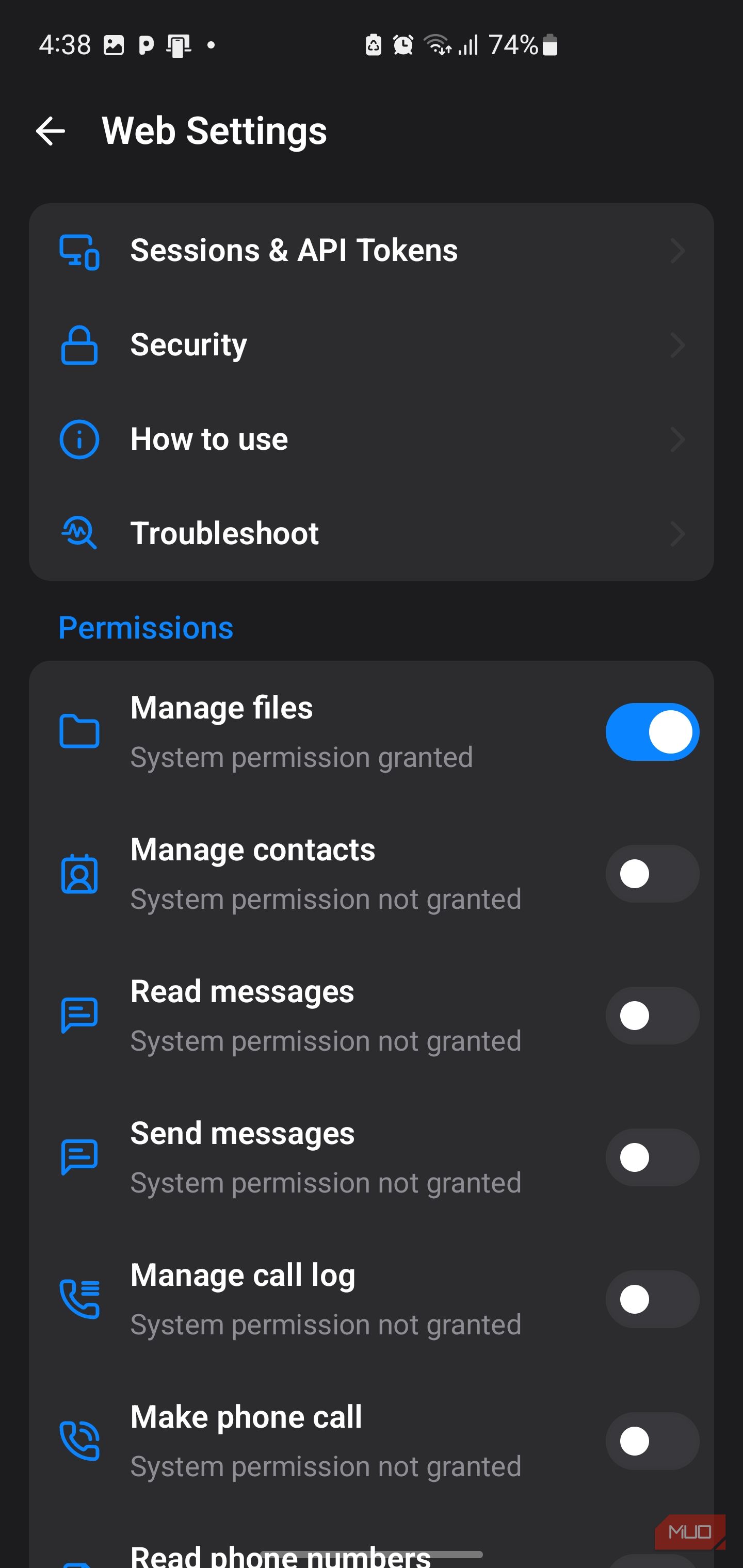App web settings and permissions menu