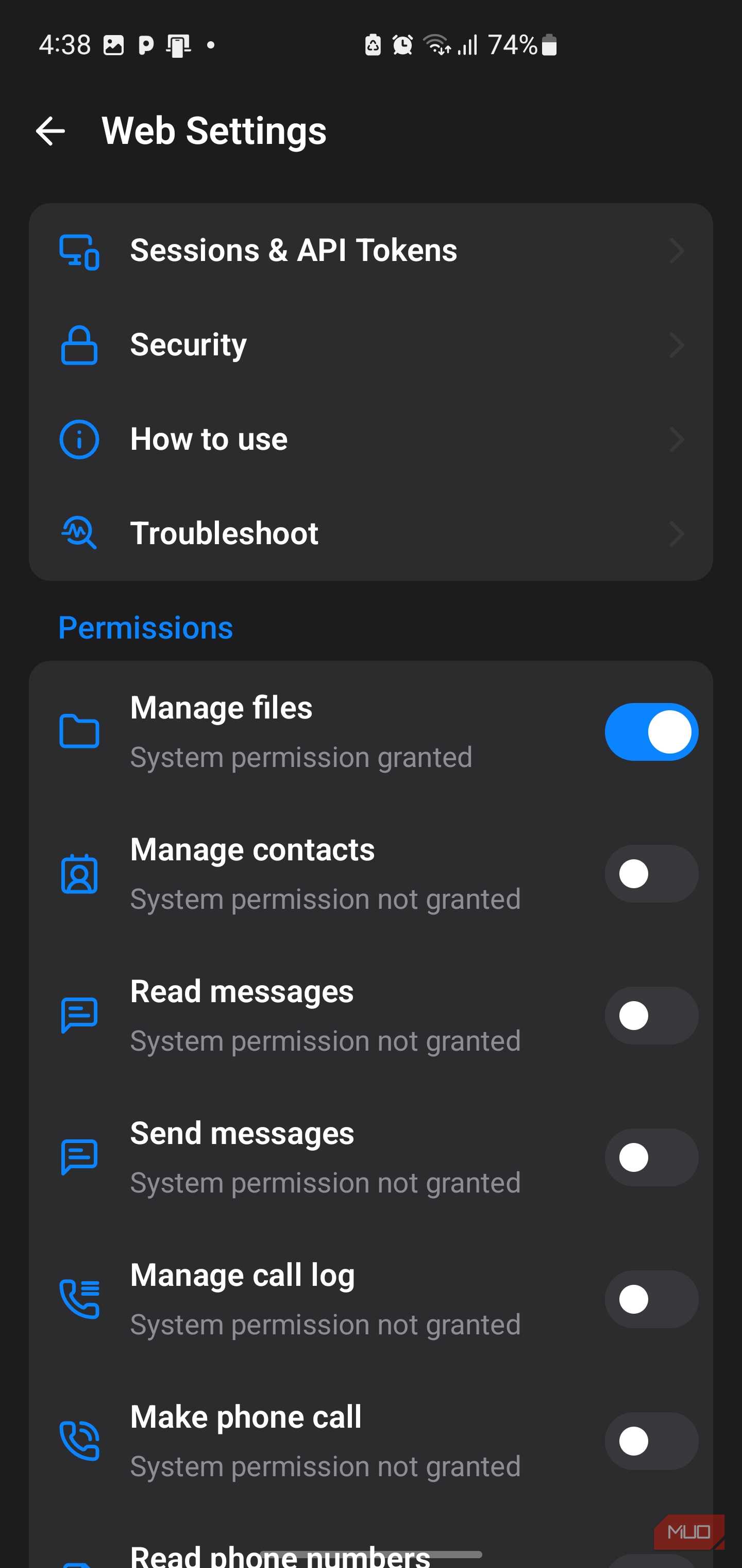 App web settings and permissions menu