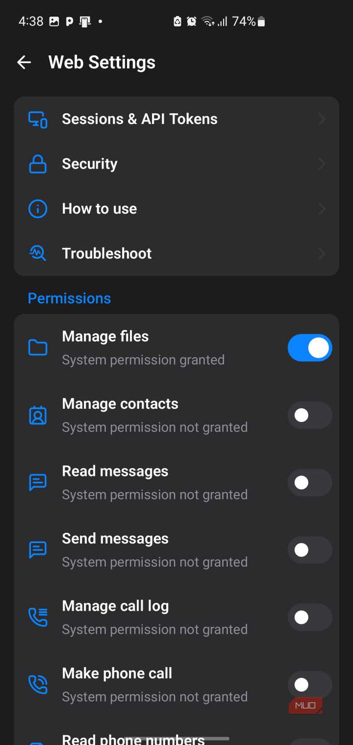 App web settings and permissions menu