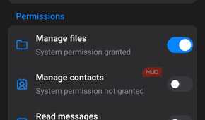 App web settings and permissions menu