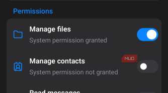App web settings and permissions menu