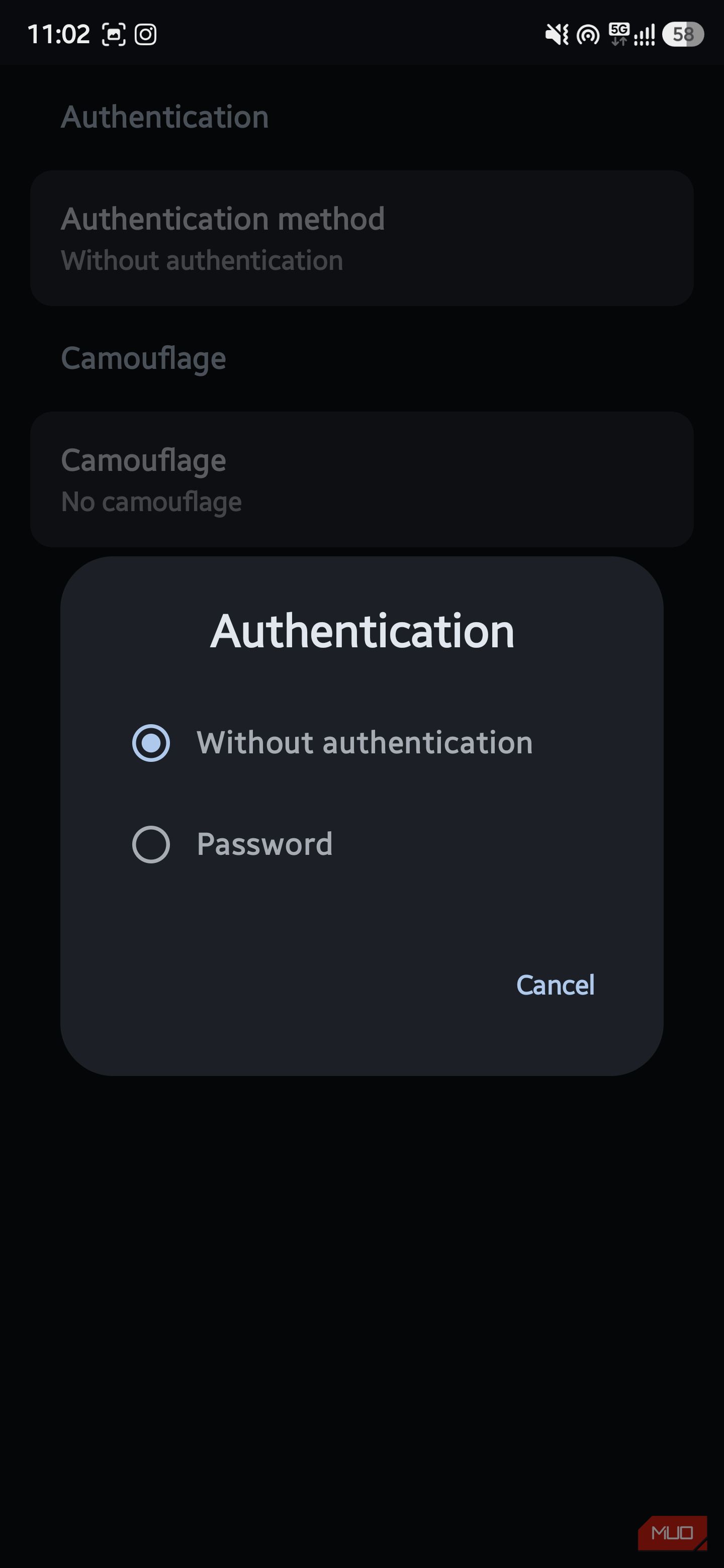 Mobile pop-up modal titled "Authentication" displaying radio button options for "Without authentication" and "Password"