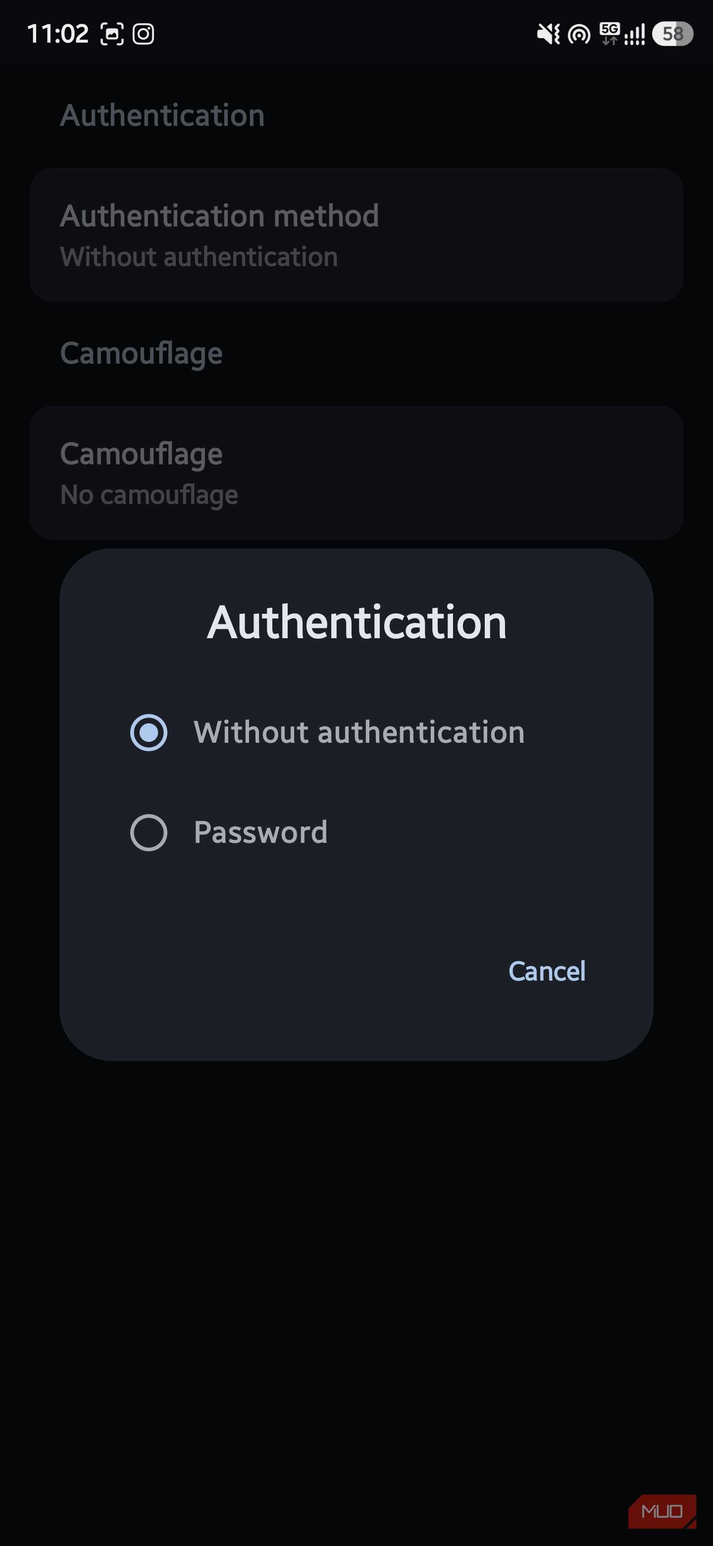 Mobile pop-up modal titled "Authentication" displaying radio button options for "Without authentication" and "Password"