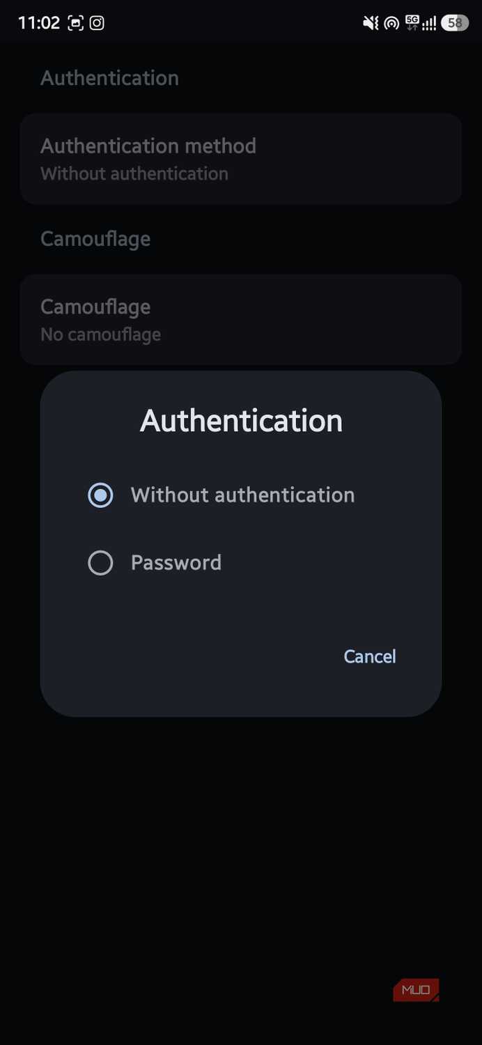 Mobile pop-up modal titled "Authentication" displaying radio button options for "Without authentication" and "Password"